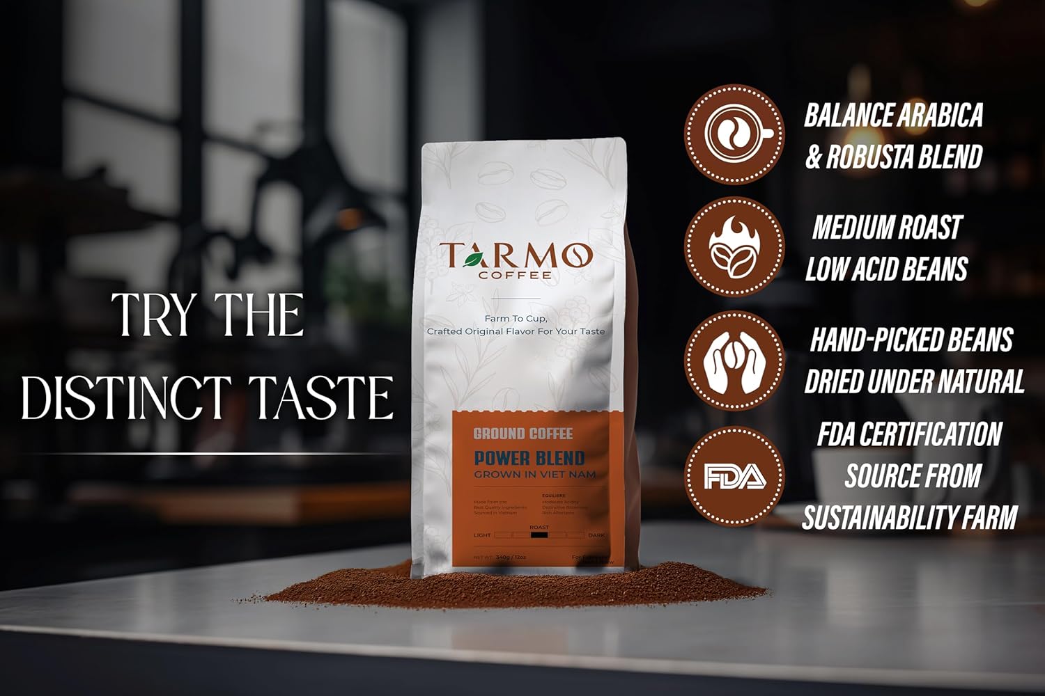 Tarmo Coffee | POWER BLEND | Low Acid Ground Coffee | Specialty Vietnamese Coffee | Premium Arabica & Robusta Blend, Medium Roast Coffee, 12 Oz Bag