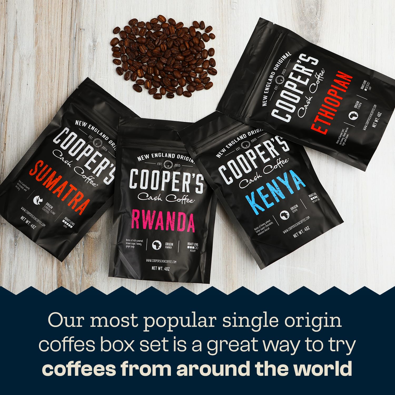 Gourmet Coffee Sampler Gift Box Set, Roasted Coffee Beans, Sumatra Dark, Kenya AA Medium-Dark, Rwanda Medium, Natural Ethiopian Light, Whole Bean, 4 Bags, 16 oz Total