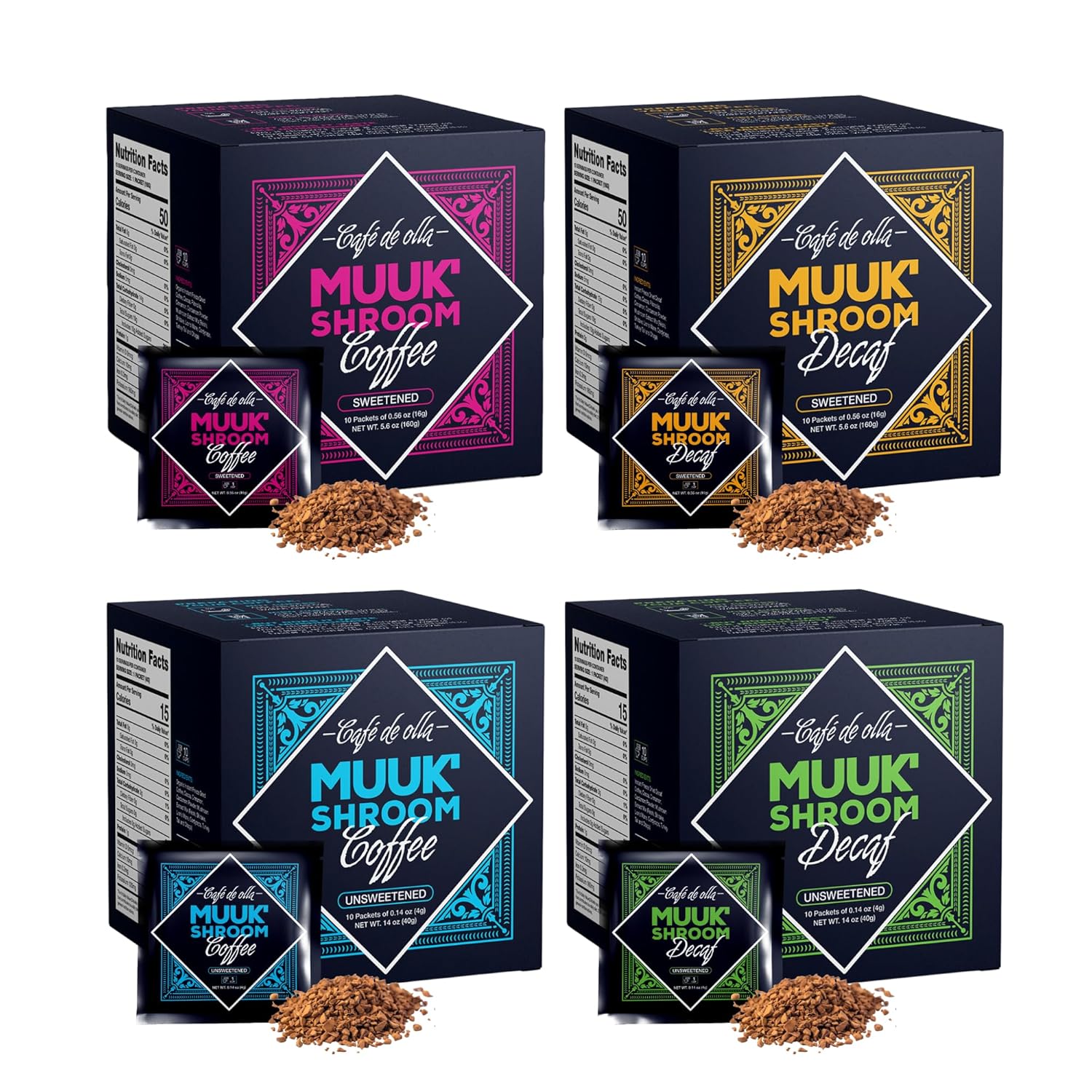 MUUK' SUPERFOODS | Mushroom Coffee Starter Kit | Instant Coffee | Caffeinated & Decaffeinated - Sweetened & Unsweeetened | Spices & Adaptogen Mushroom Blend | Better Focus, More Energy and Stronger Immune Defense | 4 Boxes (10 cups each)
