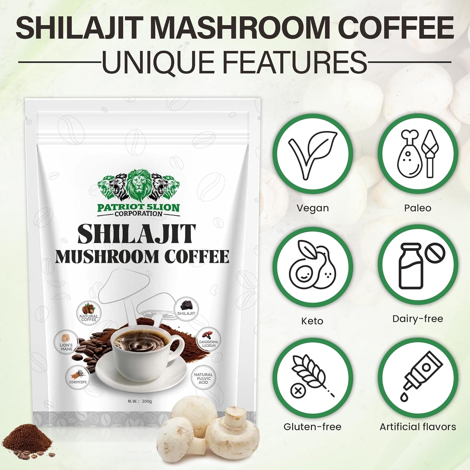 Shilajit Mashroom Coffee, Premium mushroom, Shilajit extract,Keto, Fatigue relief, Natural coffee blend, Lion’s Mane, Immune-boosting, Heart health, Dairy-free, Gluten-free, No artificial flavors