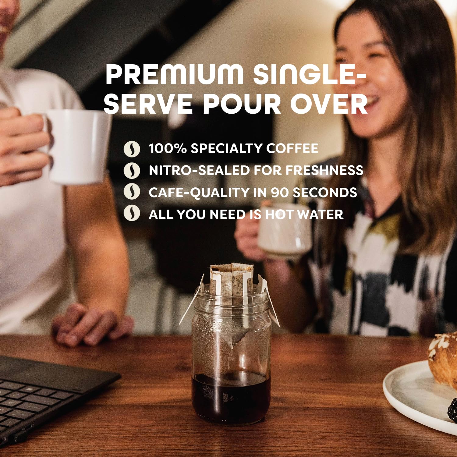 Hooked Coffee Premium Portable Pour Over Drip Coffee Singles, 100% Specialty Arabica Coffee, Medium Roast Decaf, Colombia SWP Single Origin, Single Serve Drip Bags - 12 Pack