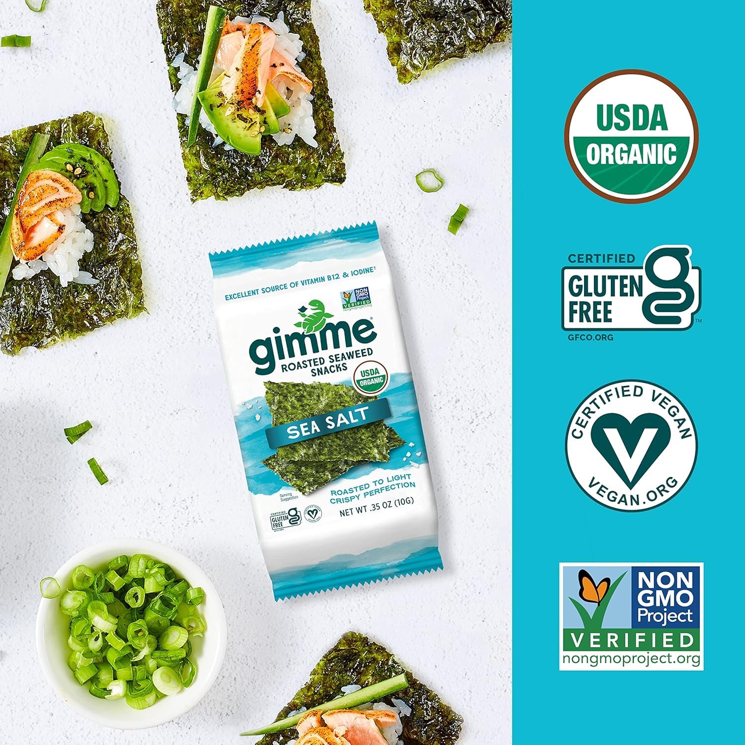 Gimme Seaweed Organic Premium Roasted Seaweed Snacks, Sea Salt, 10g Sharing Pack (Single) Keto, Vegan, Gluten-Free, Great Source of Omega 3s and Iodine, Healthy On-The-Go Snack for Kids and Adults