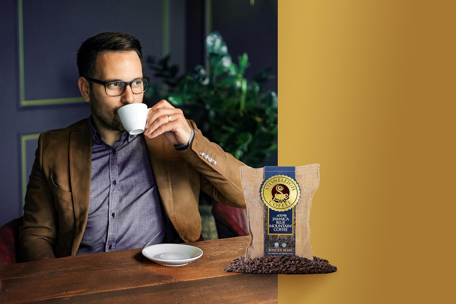 Stoneleigh Coffee – Grade A Jamaica Blue Mountain Coffee Premium Roasted & Ground - 8ozs – 100% Genuine Jamaican Product - Traditional Jamaican Crocus (Burlap) Bag Packed Ideal for Gifting