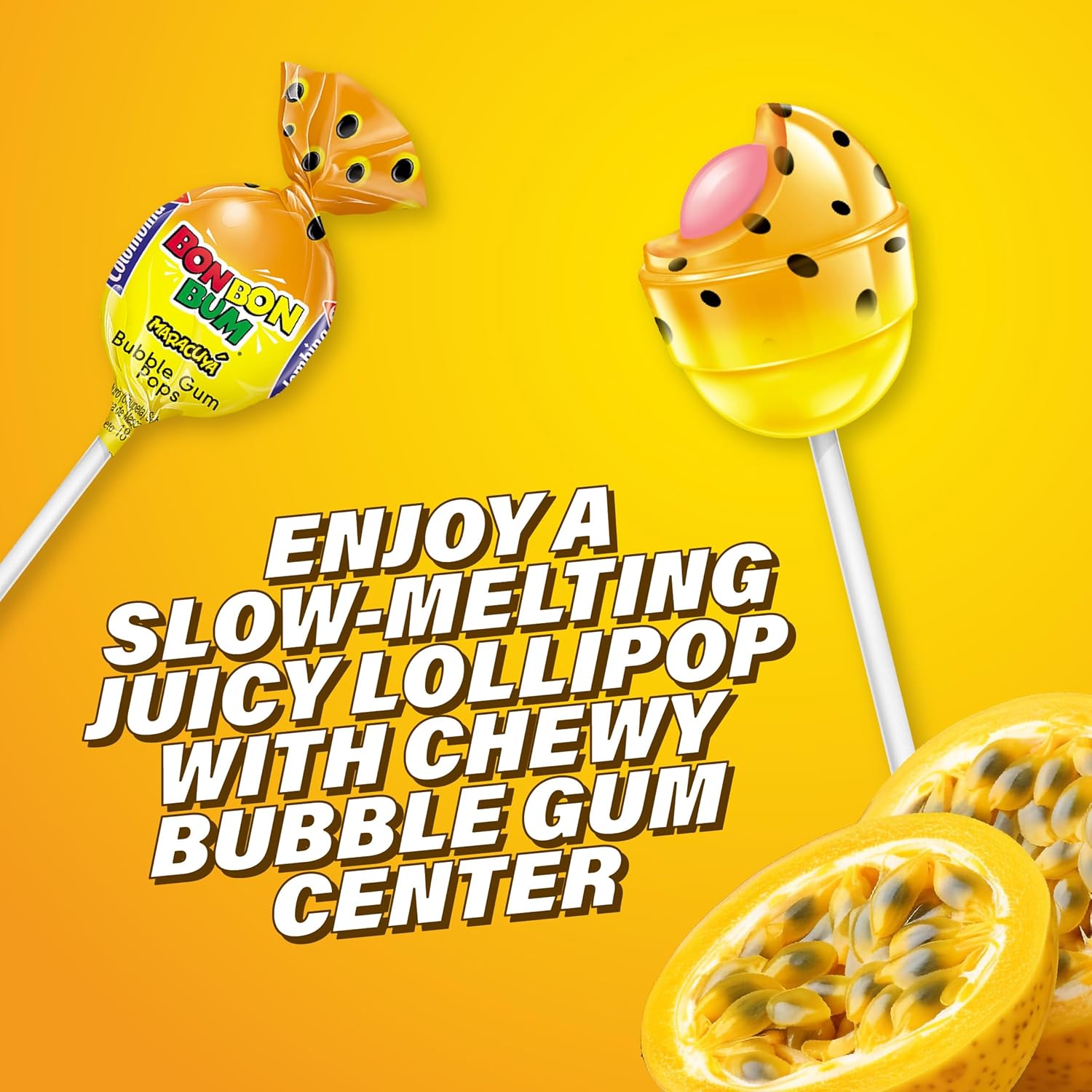 Colombina Bon Bon Bum Lollipops w/Bubble Gum Center, Passion Fruit Flavor, Individually Wrapped, Ideal for Party Favors and Gifts, 1 Pack (24 Count)