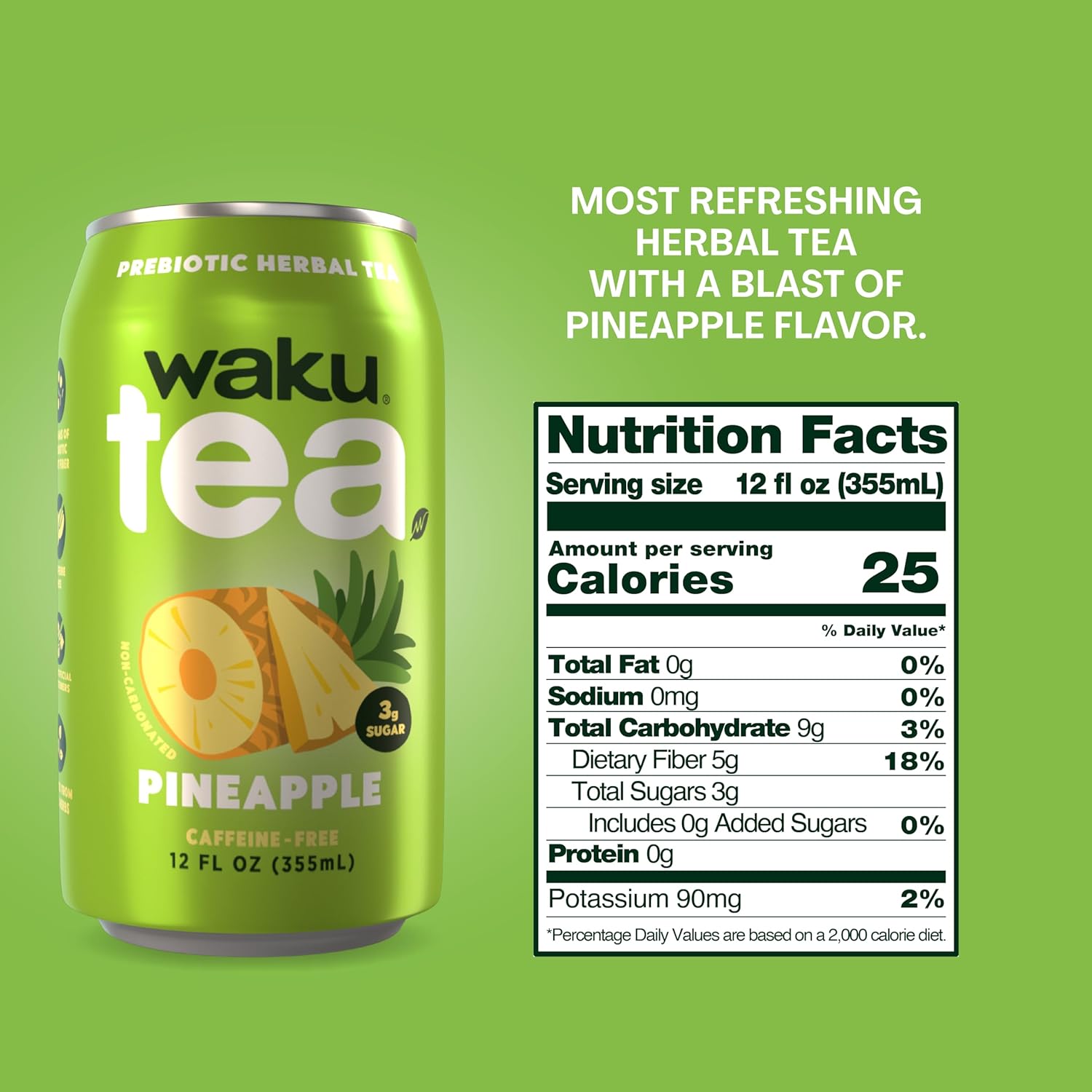 WAKU TEA, Prebiotic Herbal Tea, Pineapple, Supports Digestive & Gut Health, Keto Friendly, Zero Added Sugar, 5g Fiber, Caffeine Free, Natural Sweetner, 12 pack, 12oz Cans