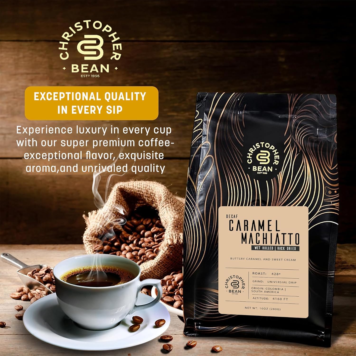 Christopher Bean Coffee - Decaf Ground Universal Drip Caramel Macchiato Flavored Coffee | Coffee Beans with Medium Roast 100% Arabica, No Sugar, No Fats, Non-GMO | 10 - Ounce Bag