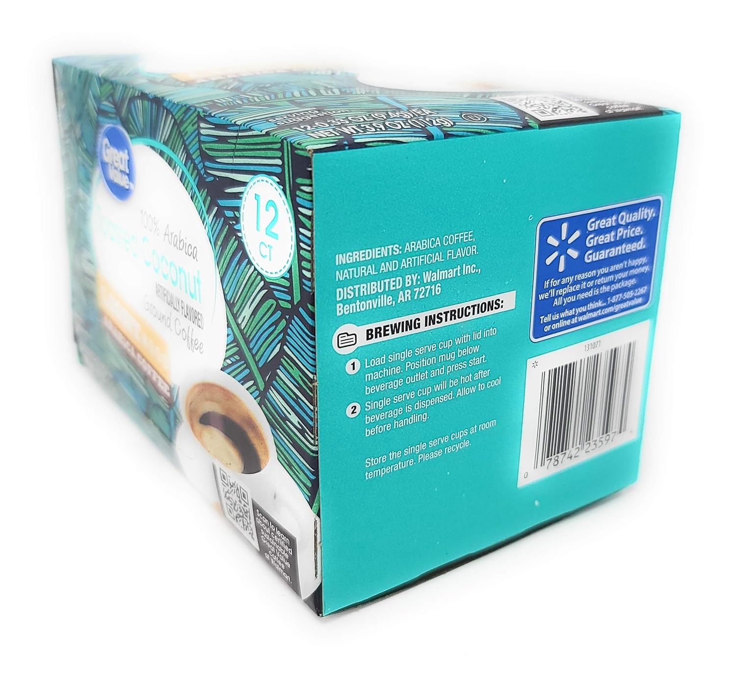 Great Value Toasted Coconut Artificially Flavored Ground Coffee - Light Arabica Coffee 12 counts Net WT 3.9 OZ (112g)