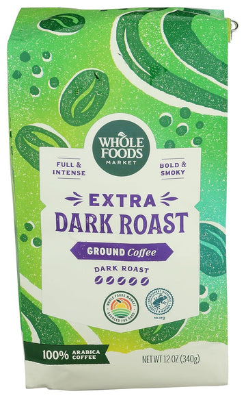 Whole Foods Market, Extra Dark Roast Ground Coffee, Full & Intense, Bold & Smoky, 12 Ounce