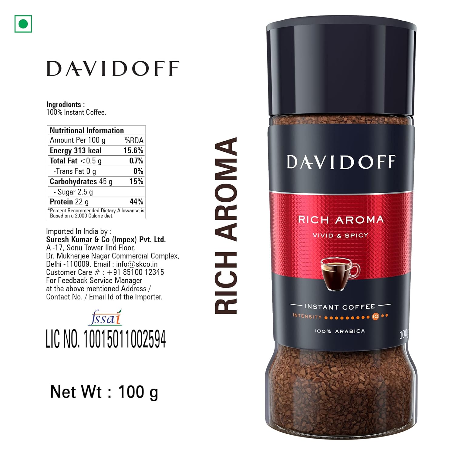 Davidoff Espresso 57 Intense Fine & Rich Aroma Instant Ground Coffee, 100 g, Pack of 3, Glass Bottle