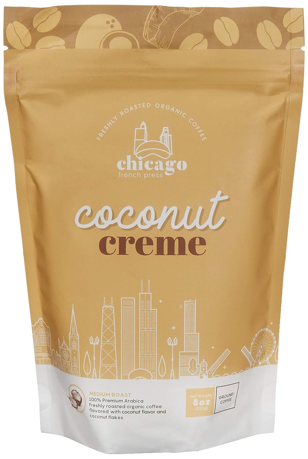 Chicago French Press - Coconut Crème - Freshly Ground Coffee - Derived from Natural Flavors (Real Coconut Shavings)