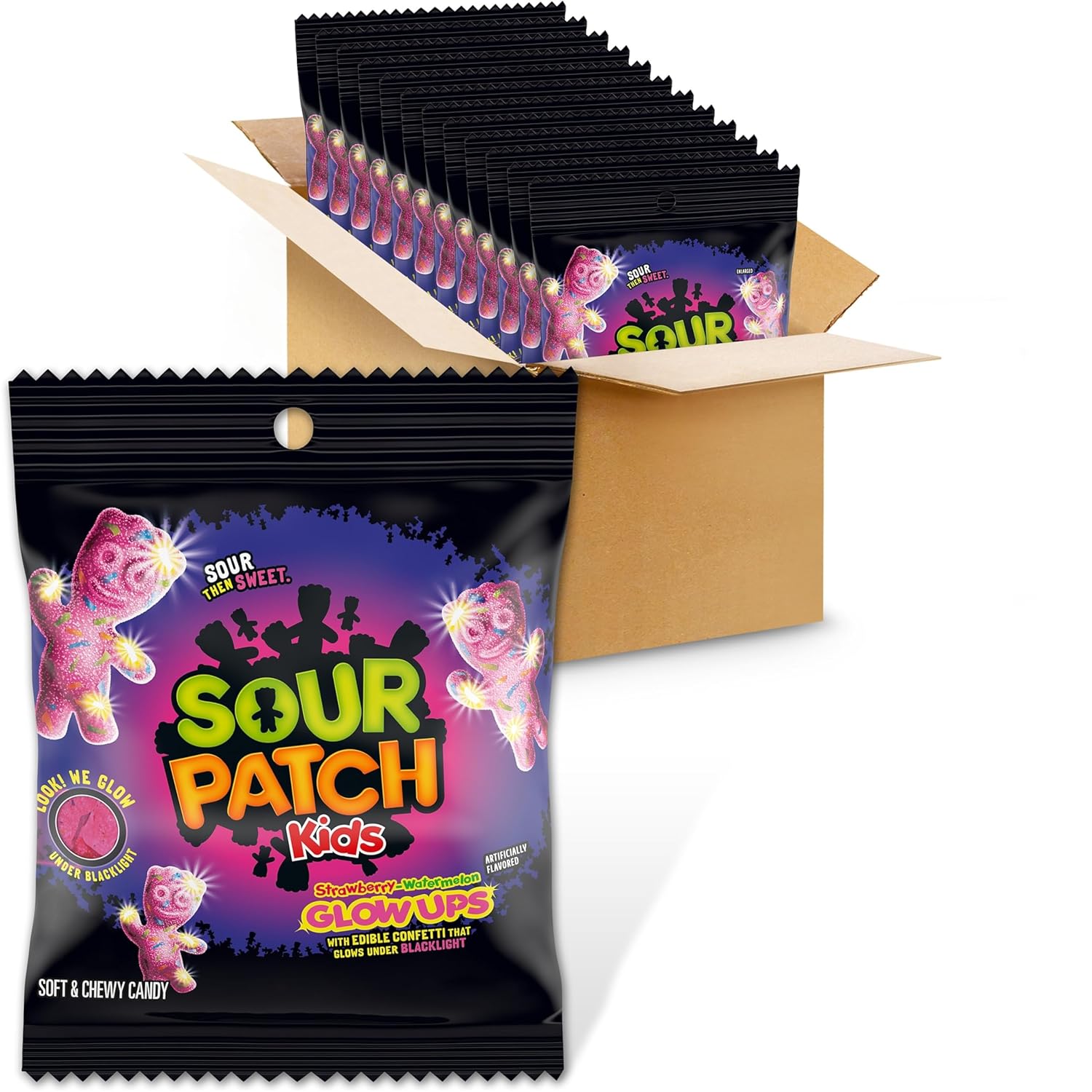 SOUR PATCH KIDS Glow Ups Strawberry-Watermelon Soft & Chewy Candy, 12-3.08 oz Bags