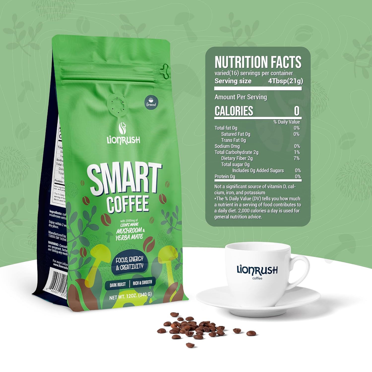 Lionrush Smart Coffee – Ground Dark Roast with Yerba Mate, Lion’s Mane & Adaptogens – Boost Focus, Energy & Creativity – Functional Coffee with Low Acid, Antioxidants – Keto, Non-GMO – 12oz Bag
