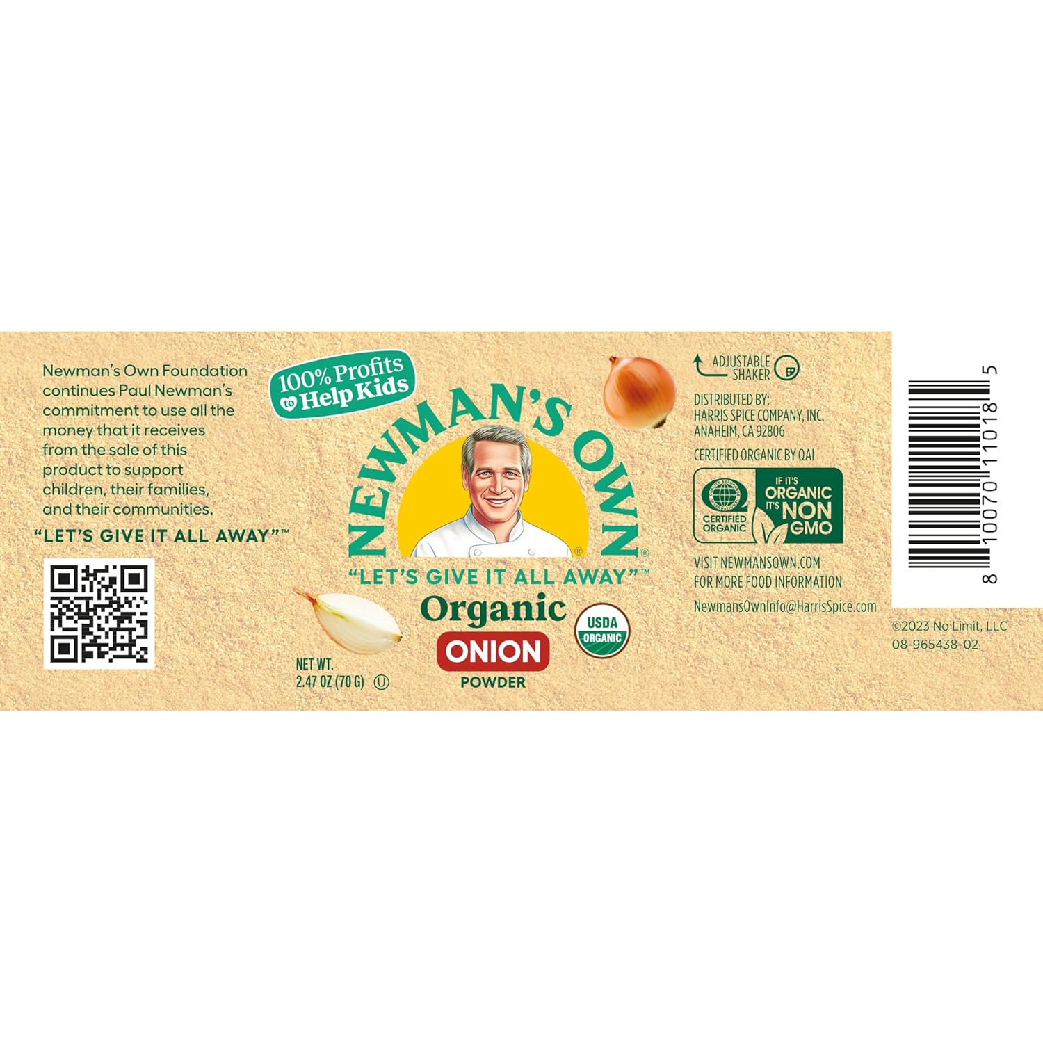 Newman's Own Organic Onion Powder; Great on Soups, Stews, and Savory Recipes, USDA Certified Organic, Non-GMO, Kosher, 2.47 Oz. Bottle