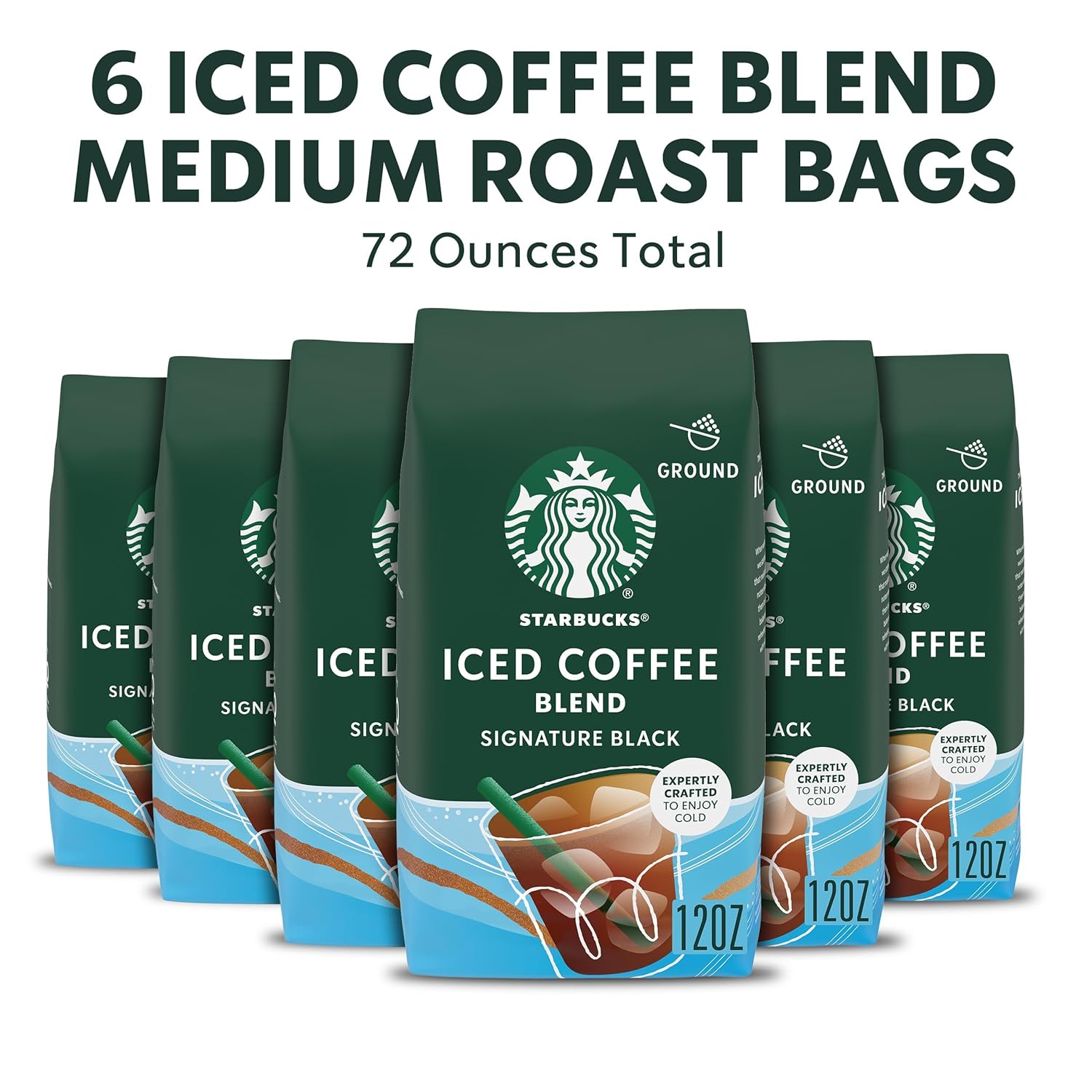 Starbucks Ground Coffee, Medium Roast Iced Coffee Blend, Signature Black, 100% Arabica, 6 Bags (12 oz Each)