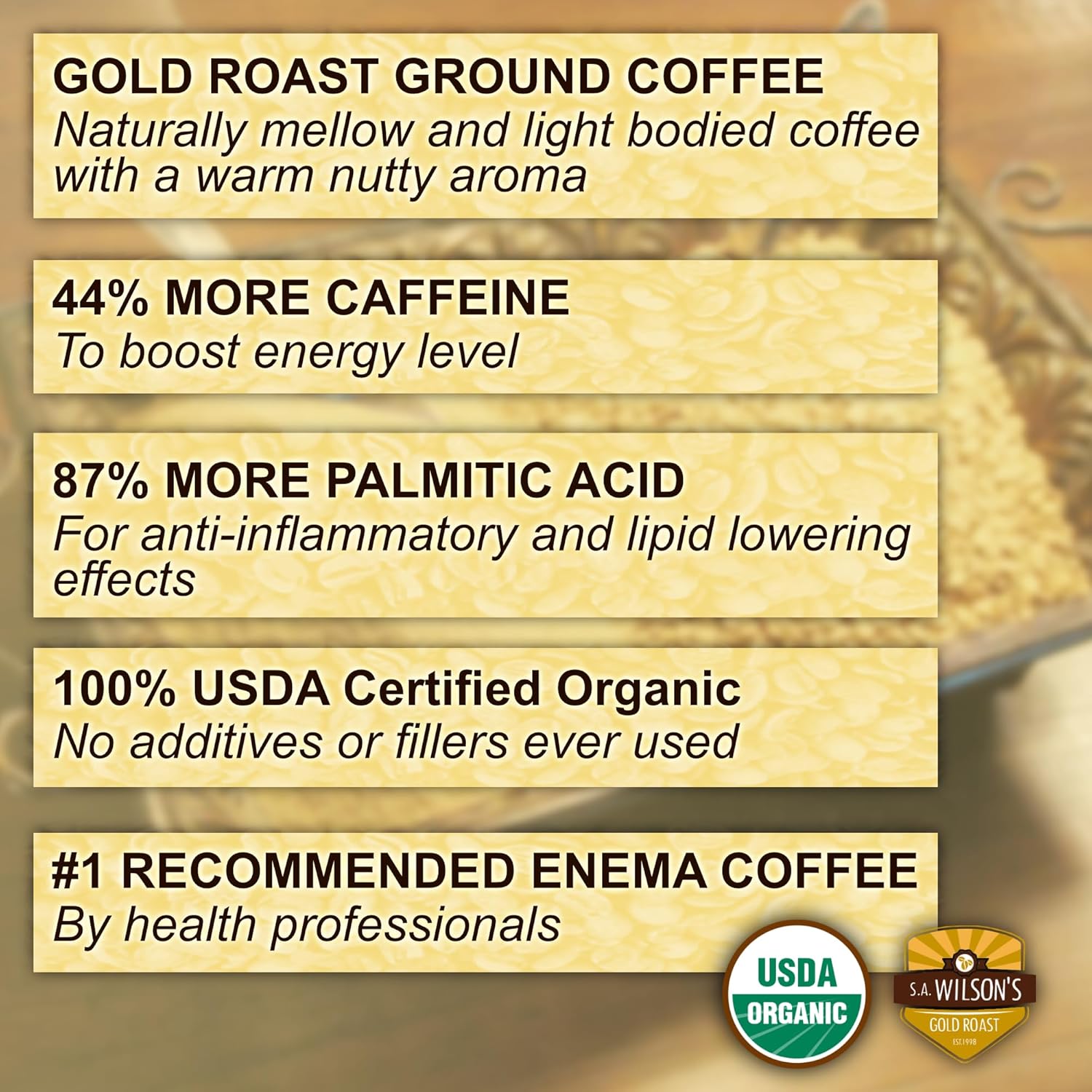 SA Wilson's Organic Enema Coffee, Ground, Certified Organic, 1 LB Gold Roast, High Caffeine, 1 Pack Bundle With Lumintrail Measuring Spoon Set