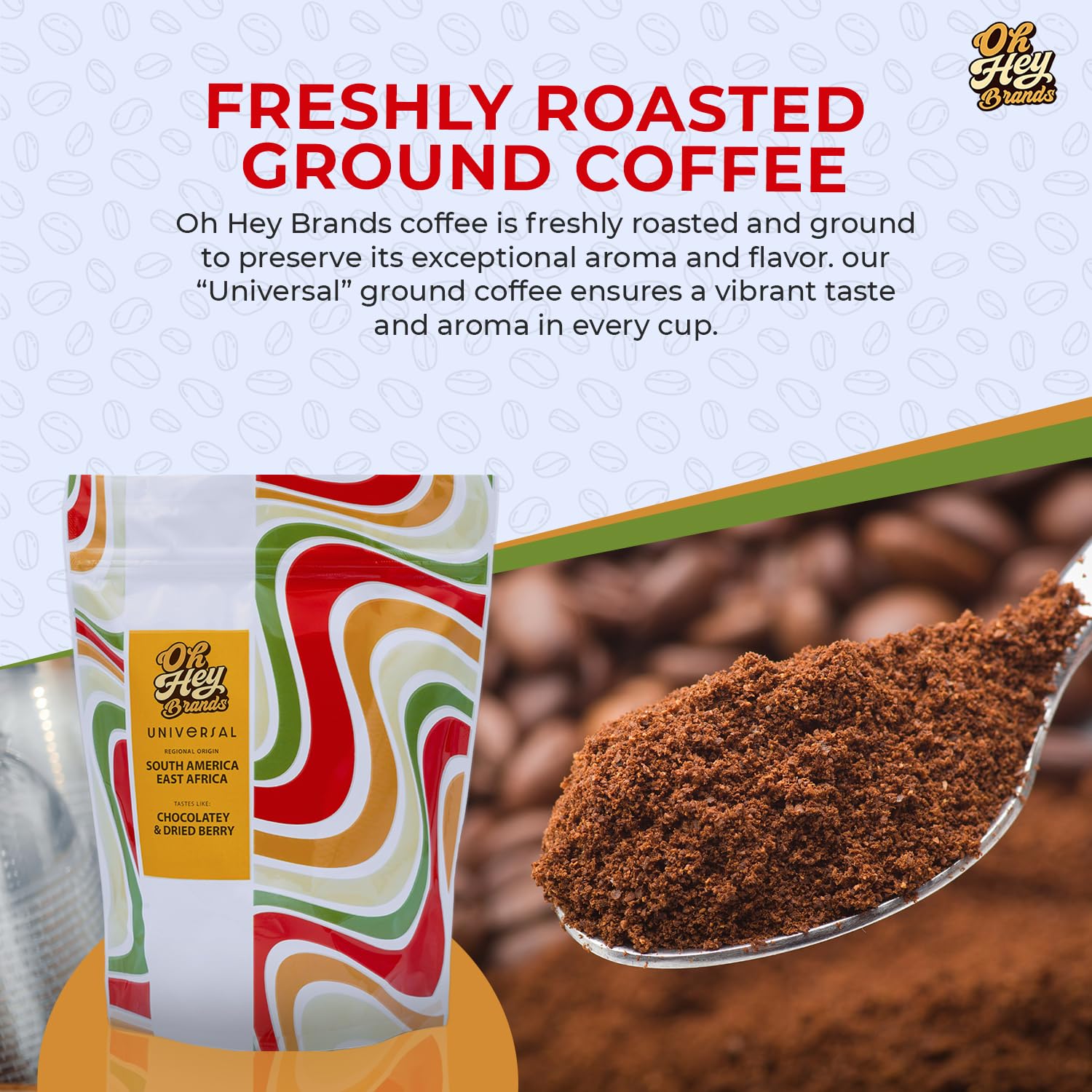 OH HEY BRANDS Ground Coffee 12 oz – Medium Roast Specialty Blend – Freshly Roasted, Smooth Texture, Chocolatey & Dried Berry Flavors – Universal