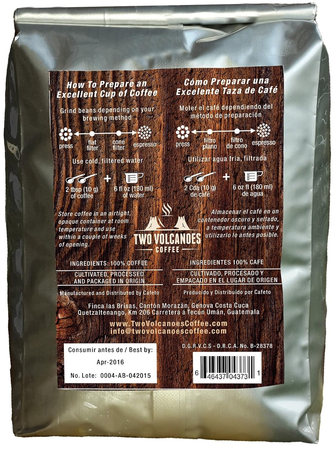 Two Volcanoes Ground Coffee - Dark Roast Espresso Blend - 2 lb bag - Guatemala Delicious Gourmet Coffee. Great for French Press. Get The Kick, Enjoy The Smoothness!