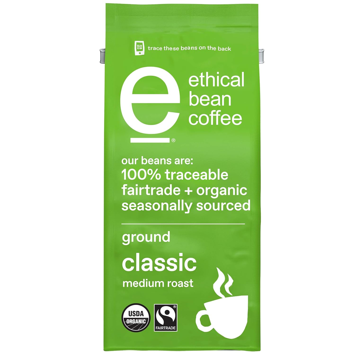 Ethical Bean Fairtrade Organic Coffee, Classic Medium Roast, Ground Coffee Beans - 100% Arabica Coffee (8 oz Bag), 0.5 Pound (Pack of 1)