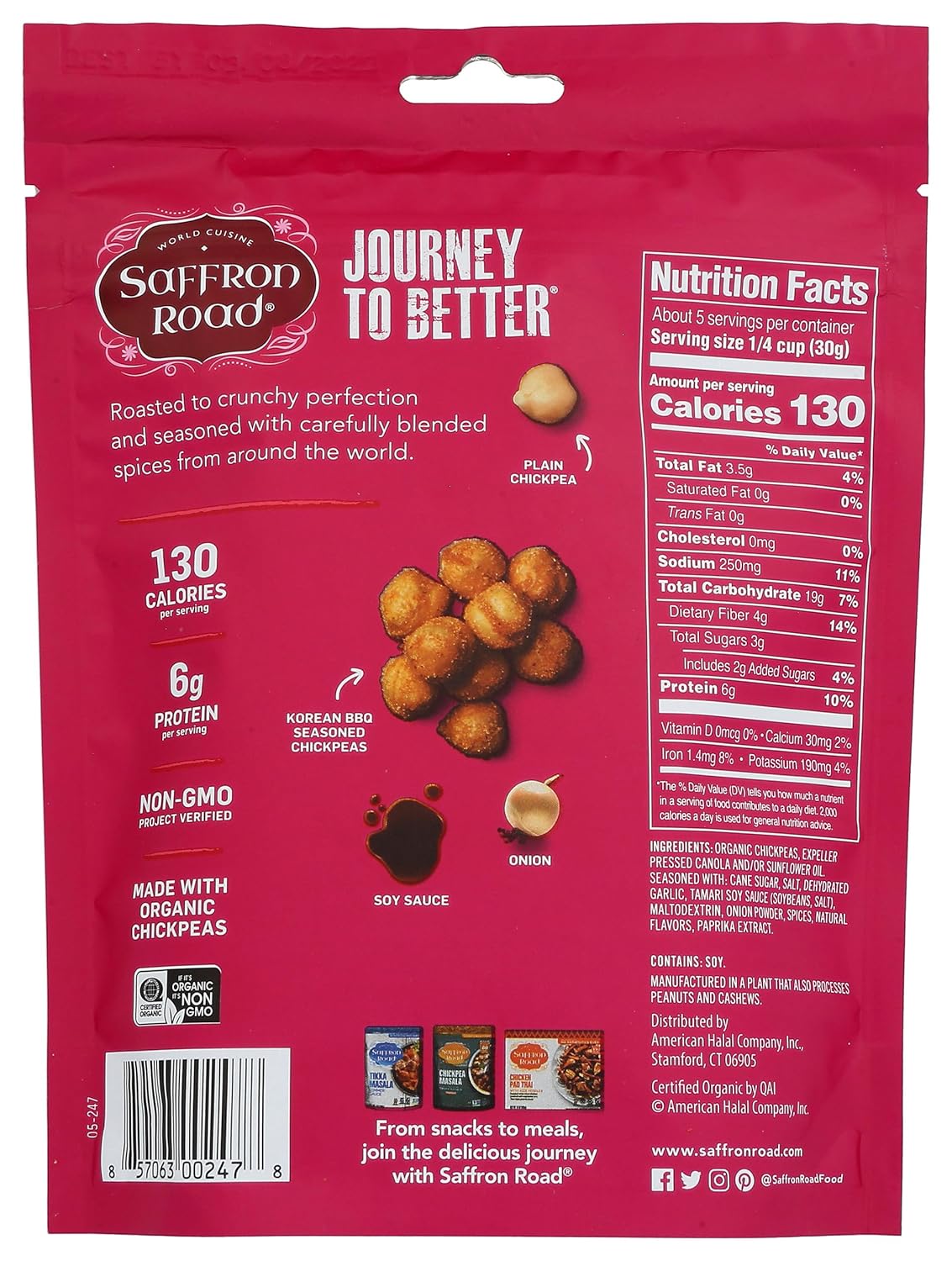 Saffron Road Korean BBQ Crunchy Chickpea Snack, 6oz - Gluten Free, Non-GMO, Halal, Kosher, Vegan