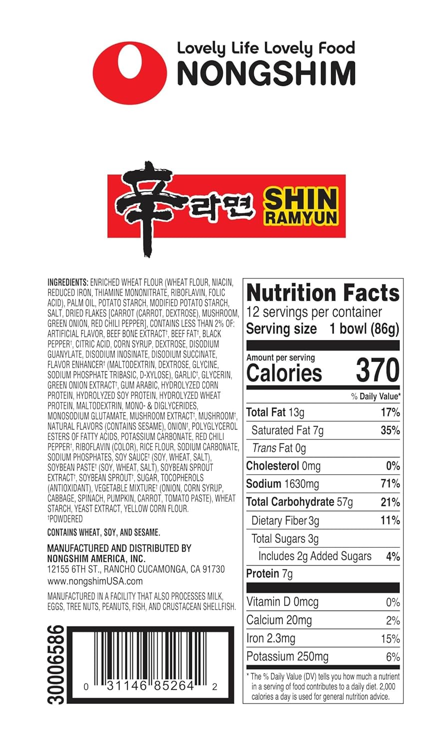 Nongshim Gourmet Spicy Shin Noodle Soup Bowl, 12 Pack, Microwaveable Ramyun Soup Noodles, No MSG Added