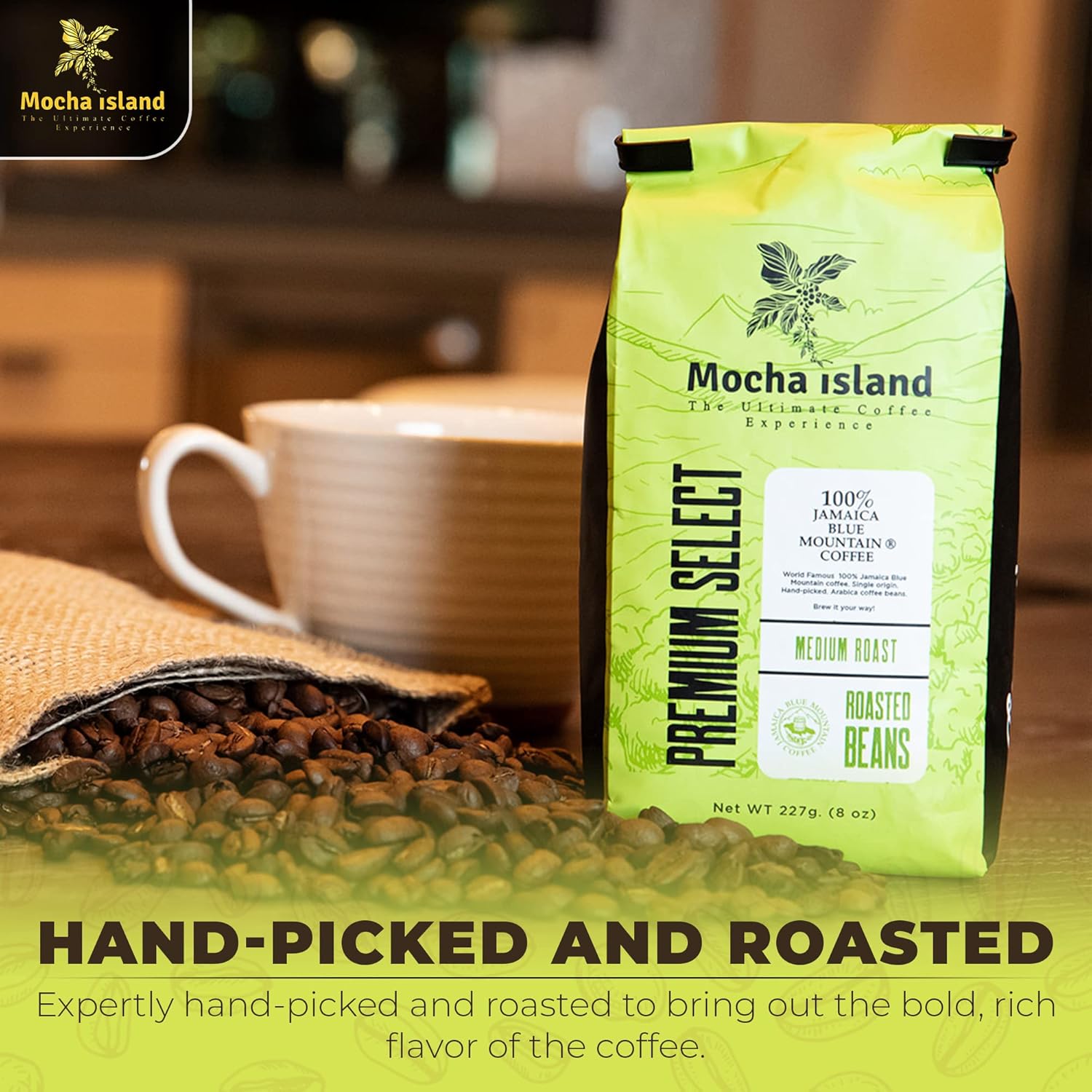 Mocha Island Blue Mountain Coffee from Jamaica Medium Roast Whole Beans (8oz)