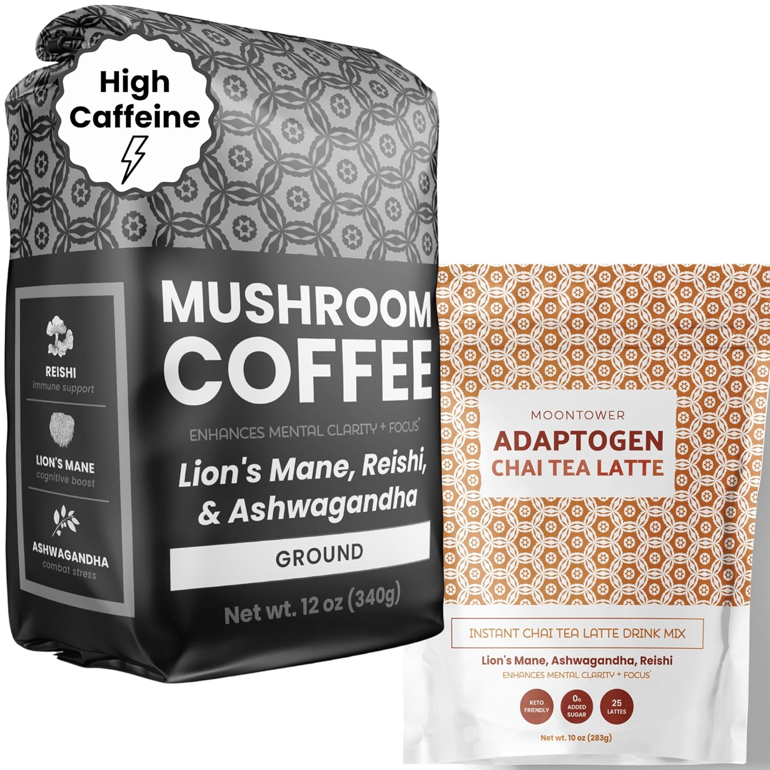 High Caffeine Mushroom Coffee and Adaptogen Chai Tea Latte