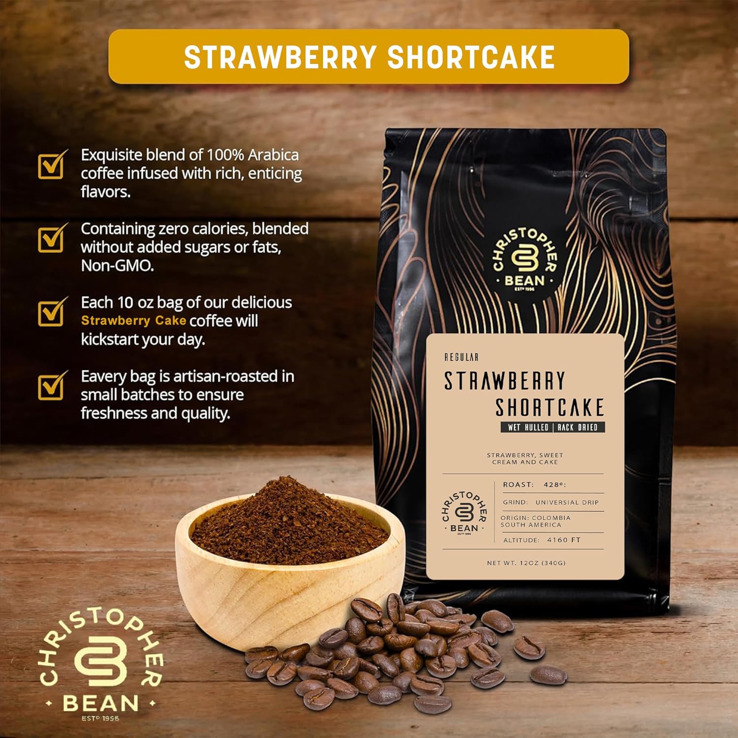 Christopher Bean Coffee - Regular Ground Universal Drip Strawberry Shortcake Flavored Coffee | Coffee Beans with Medium Roast 100% Arabica, No Sugar, No Fats, Non-Gmo | 10-Ounce Bag