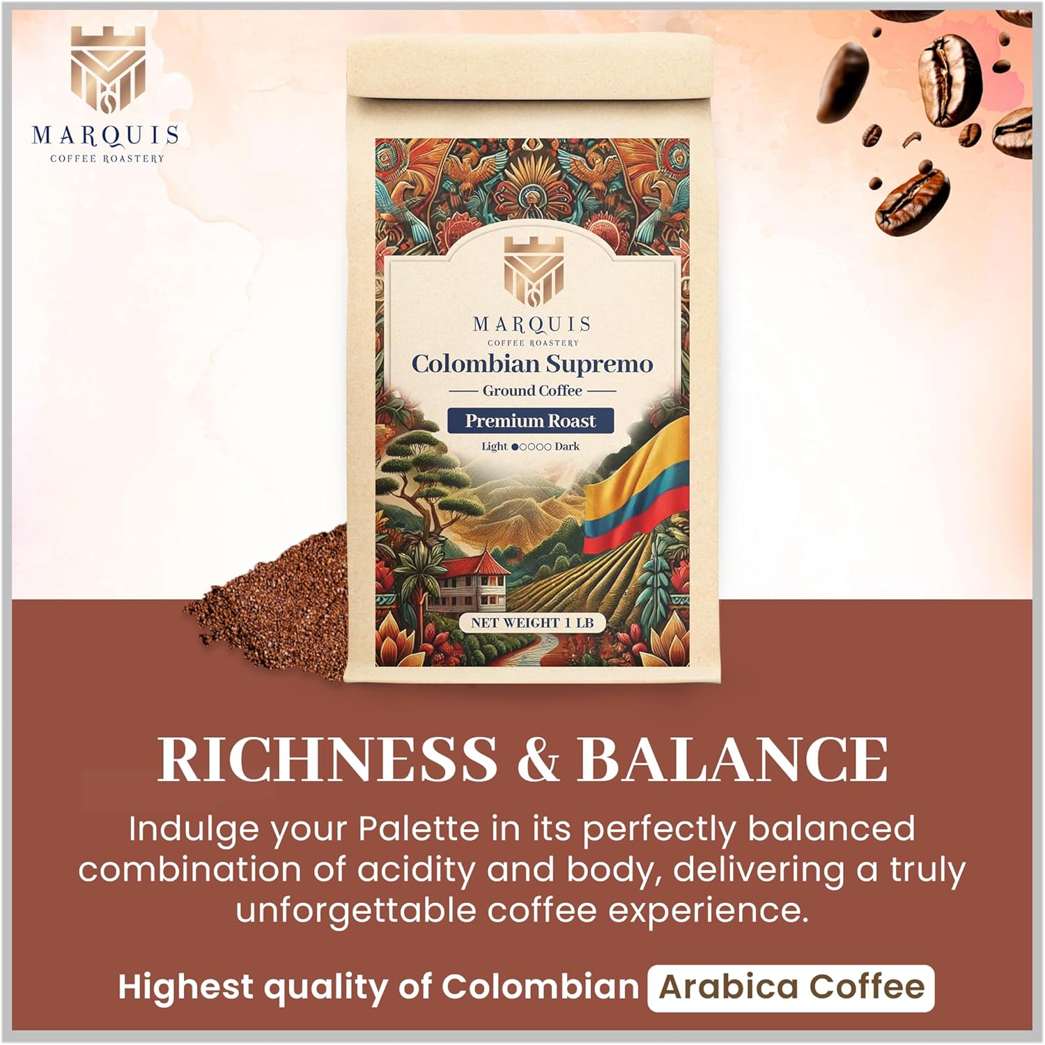 Marquis - Colombian Supremo Ground Coffee, Rich and Bold 100% Colombian Coffee, Fuller-Bodied & Very Well Balanced Colombian Coffee with a Heady Aroma, Premium Light Roast Ground Coffee, 1 lb