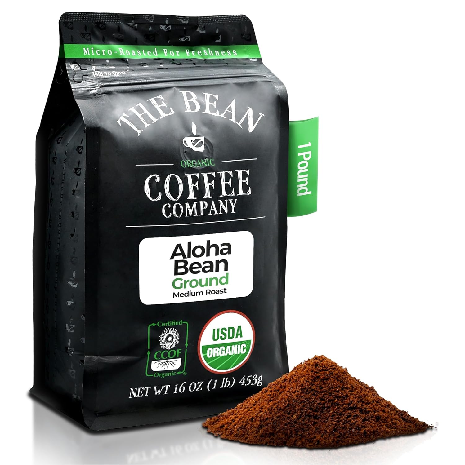 The Bean Organic Coffee Company Aloha Bean (Hawaiian Hazelnut) and Vanilla Bean, Medium Roast, Ground Coffee, 16-Ounce Bag,Café molido tostado organico