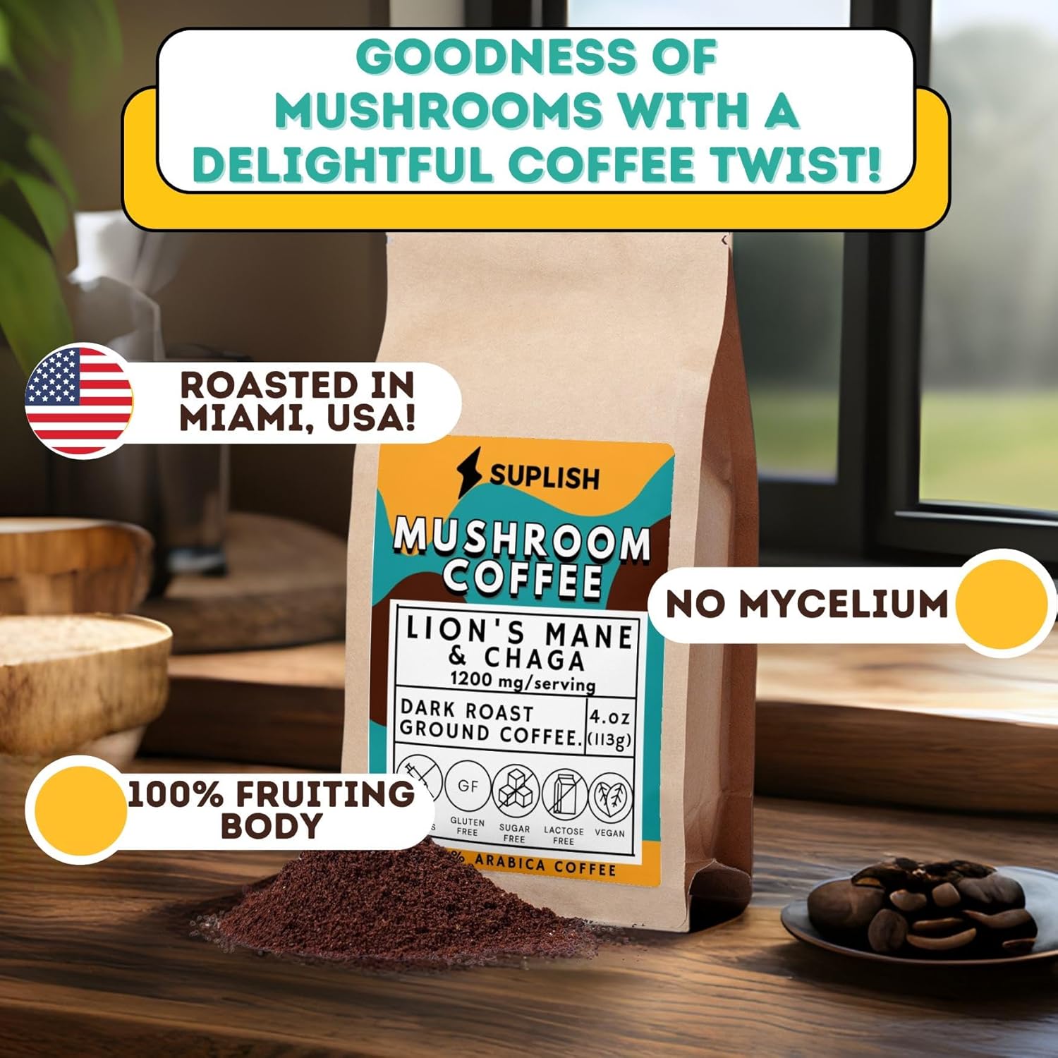 Mushroom Coffee Ground Coffee Dark Roast with Lions Mane Supplement & Chaga - by SUPLISH - 4 oz