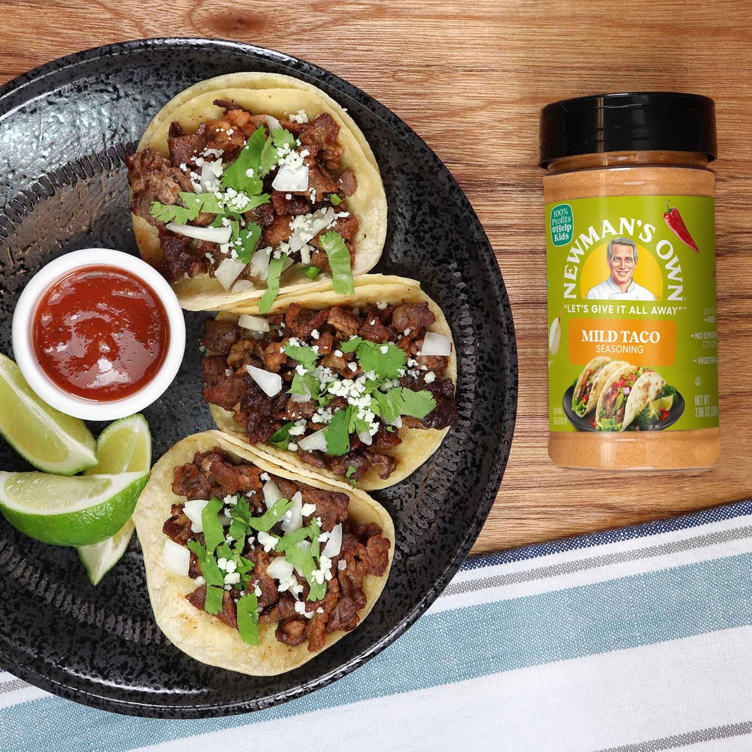 Newman's Own Mild Taco Seasoning; Great Zesty Flavor; Not Only Great on Tacos, Perfect Spices for Cooking Fajitas,Pork Belly, and Topping French Fries; No MSG, Gluten Free; Kosher; 7.06 Oz. Bottle