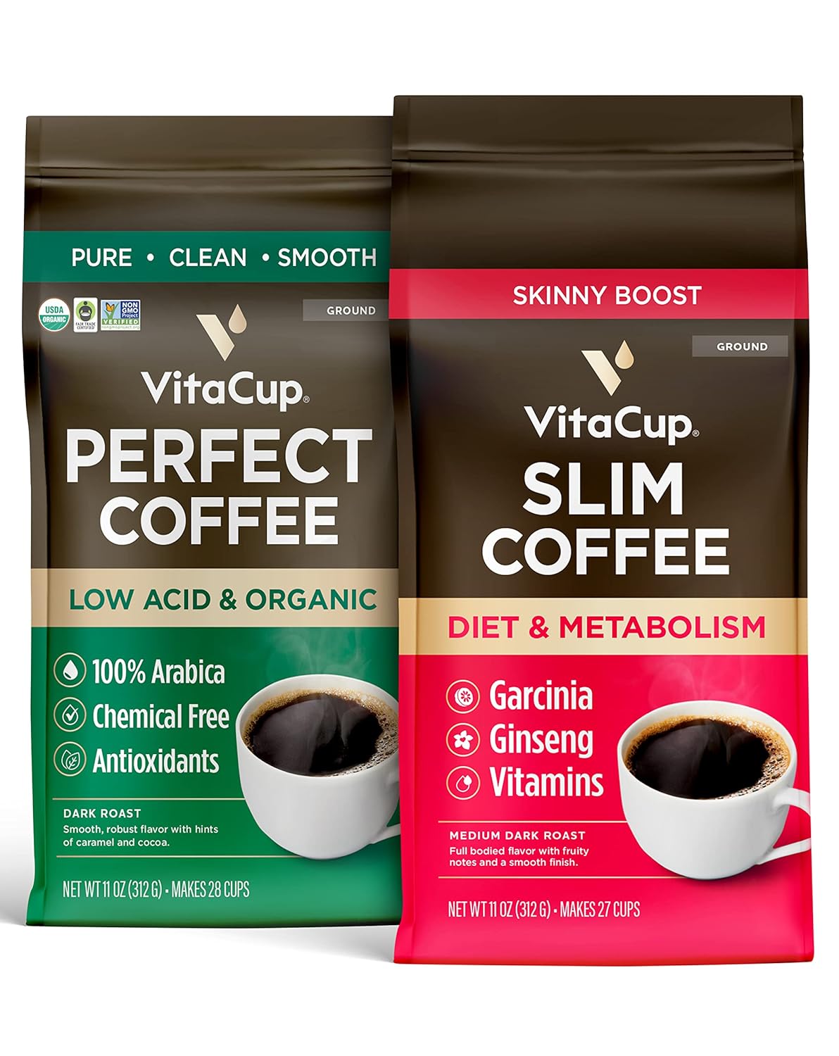 VitaCup Perfect Low Acid Ground Coffee,11 oz & Slim Ground Coffee,11 oz Bundle | Infused with Superfoods (With B Vitamins, Ginseng & Garcinia Cambogia) for Diet & Support