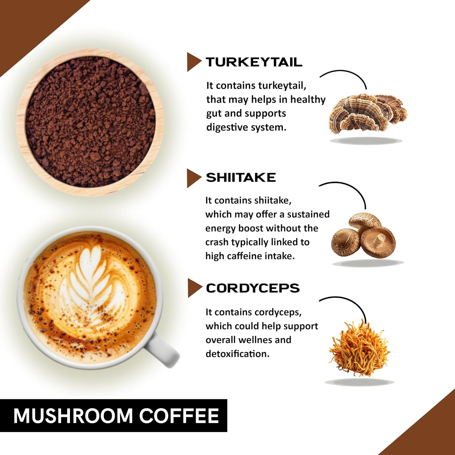 COFFEECURRY Mushroom Coffee (50 Grams, 1 Month Pack) - Mushroom Turkeytail, Cordyceps, Chaga Instant Coffee