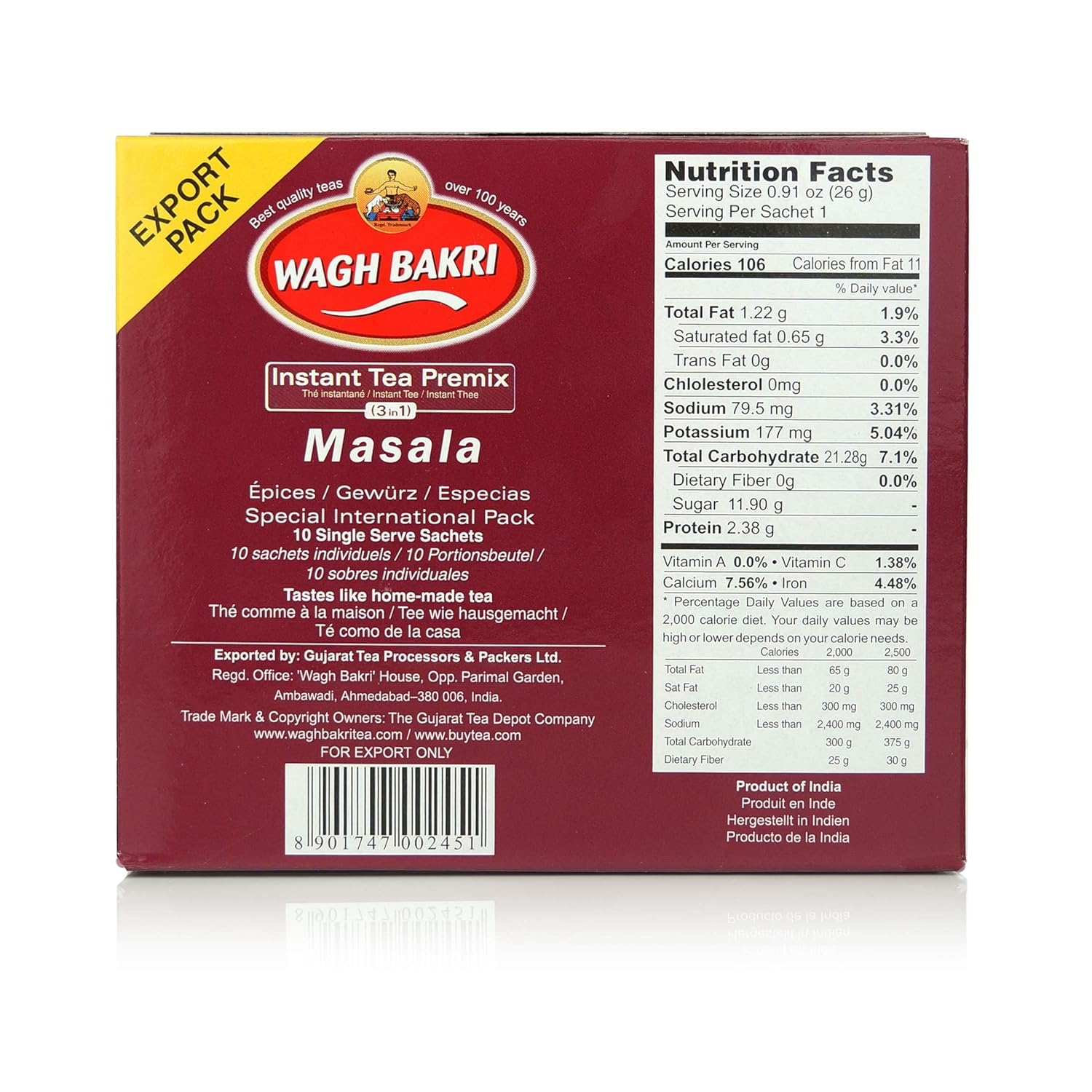 Wagh Bakri Instant Masala Tea | 3 in 1 Sugar+Milk Solids+ Tea | 10 Single Serve Sachets | 140g (4.93 Ounce)