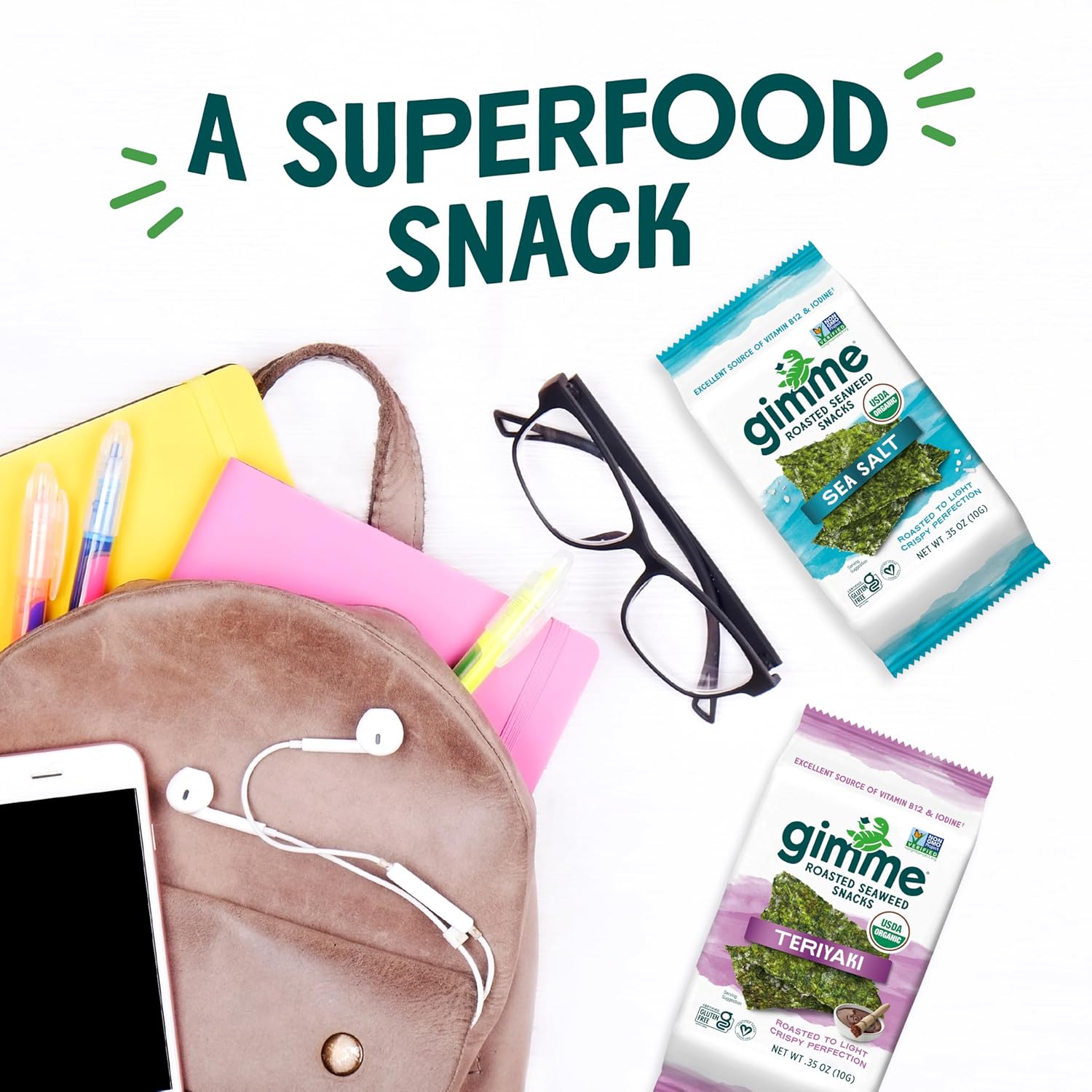 Gimme Seaweed Organic Premium Roasted Seaweed Snacks, Teriyaki, 12 Count Sharing Size, Keto, Vegan, Gluten-Free, Great Source of Omega3s and Iodine, Healthy On-The-Go Snack for Kids and Adults