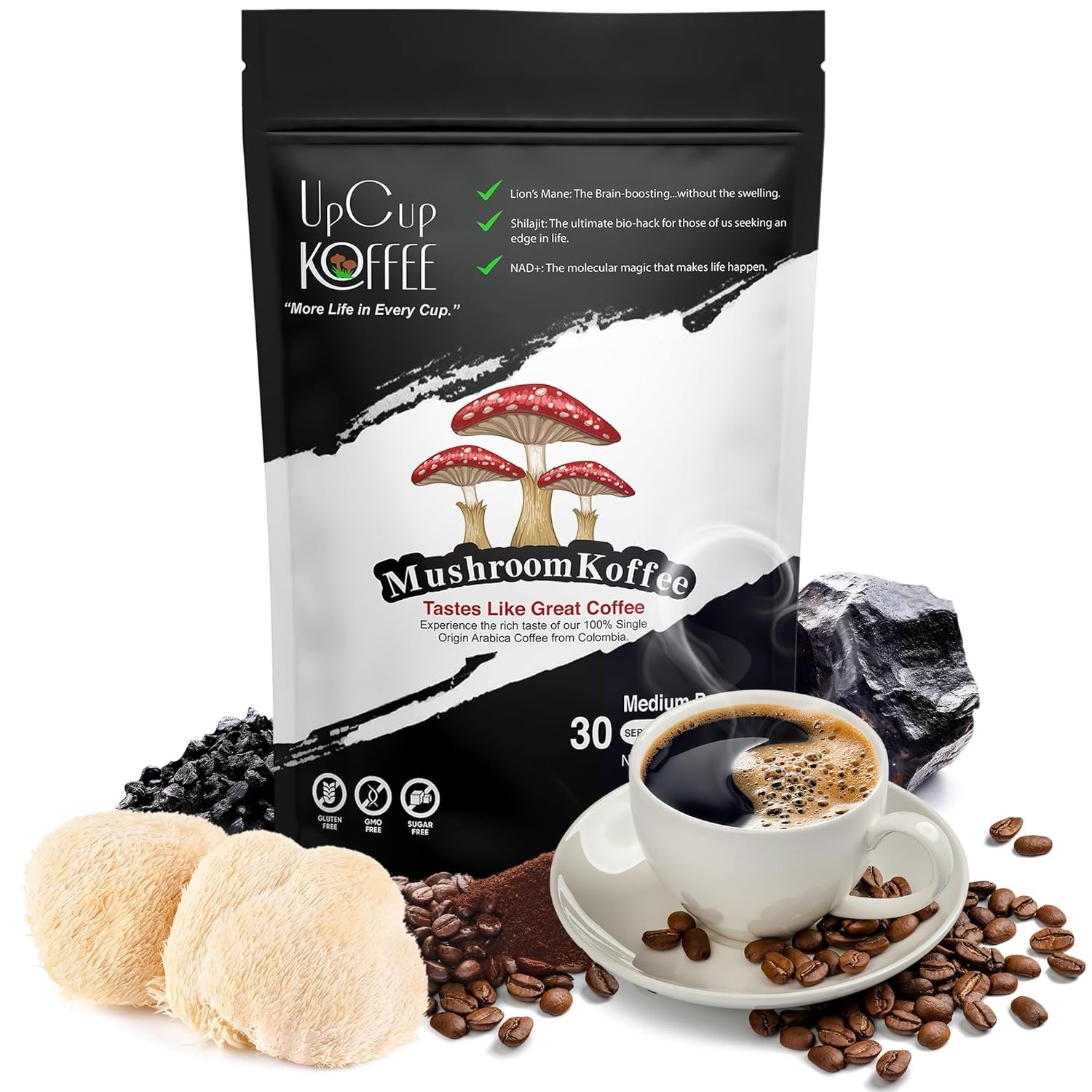 UpCup Koffee Functional Ground Mushroom Coffee - Includes Lions Mane, NAD+, & Himalayan Shilajit for Immune Support & Cognitive Boost - Made with Colombian Beans, Shilajit, & Lion's Mane Mushroom