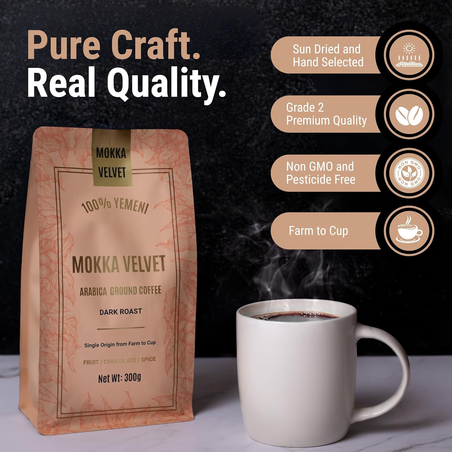 Mokka Velvet Yemeni Ground Coffee - Organically Grown Dark Roast Coffee Ground, Yemeni Coffee, Coffee Grounds, Organic Ground Coffee, Single Origin, 100% Harar Arabica, Resealable Bag 300g.