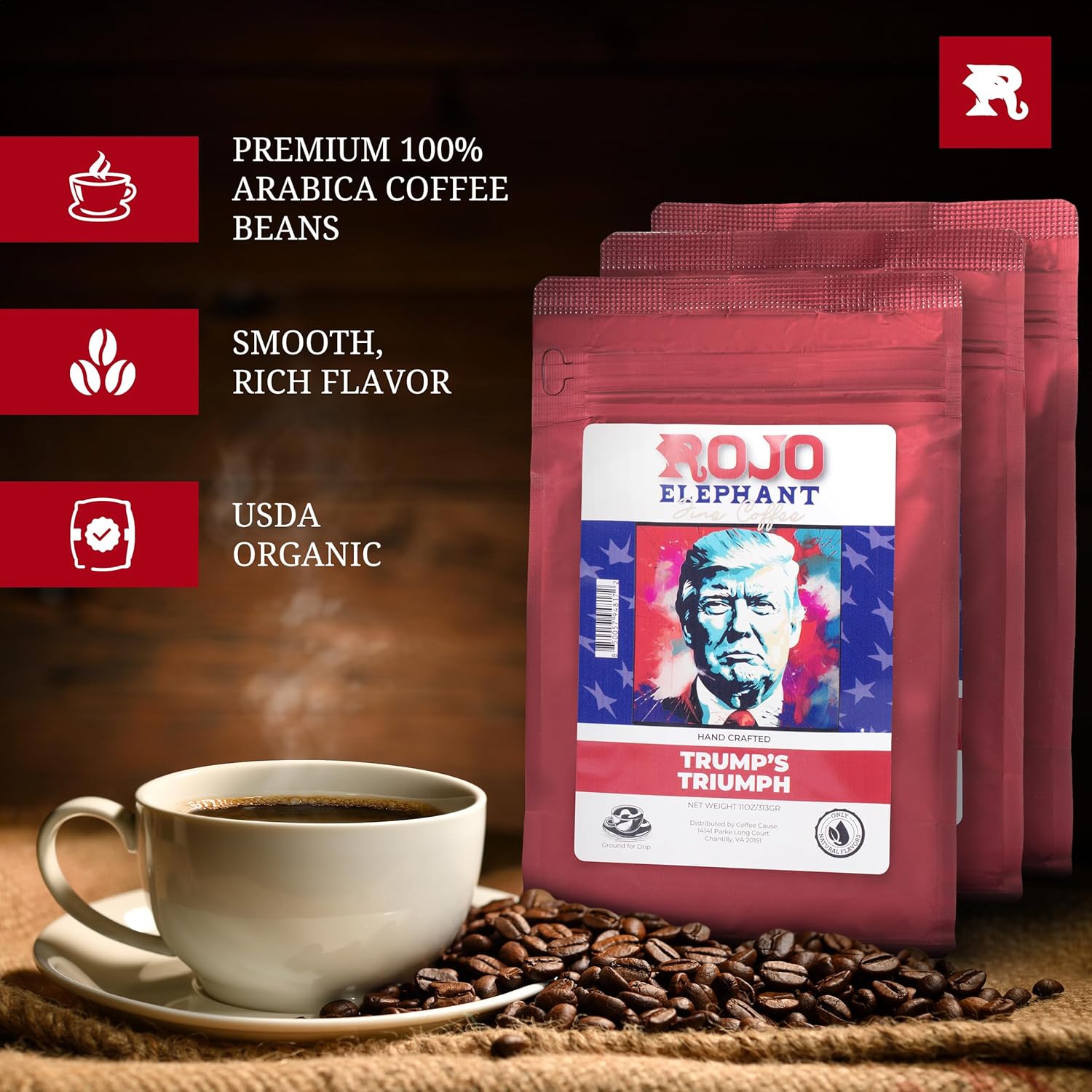 Rojo Elephant Handcrafted Ground Coffee, 11 0z Bags 3 Pack, Trump's Triumph, Betsy Ross, Susan B. Anthony, Iconic Selection