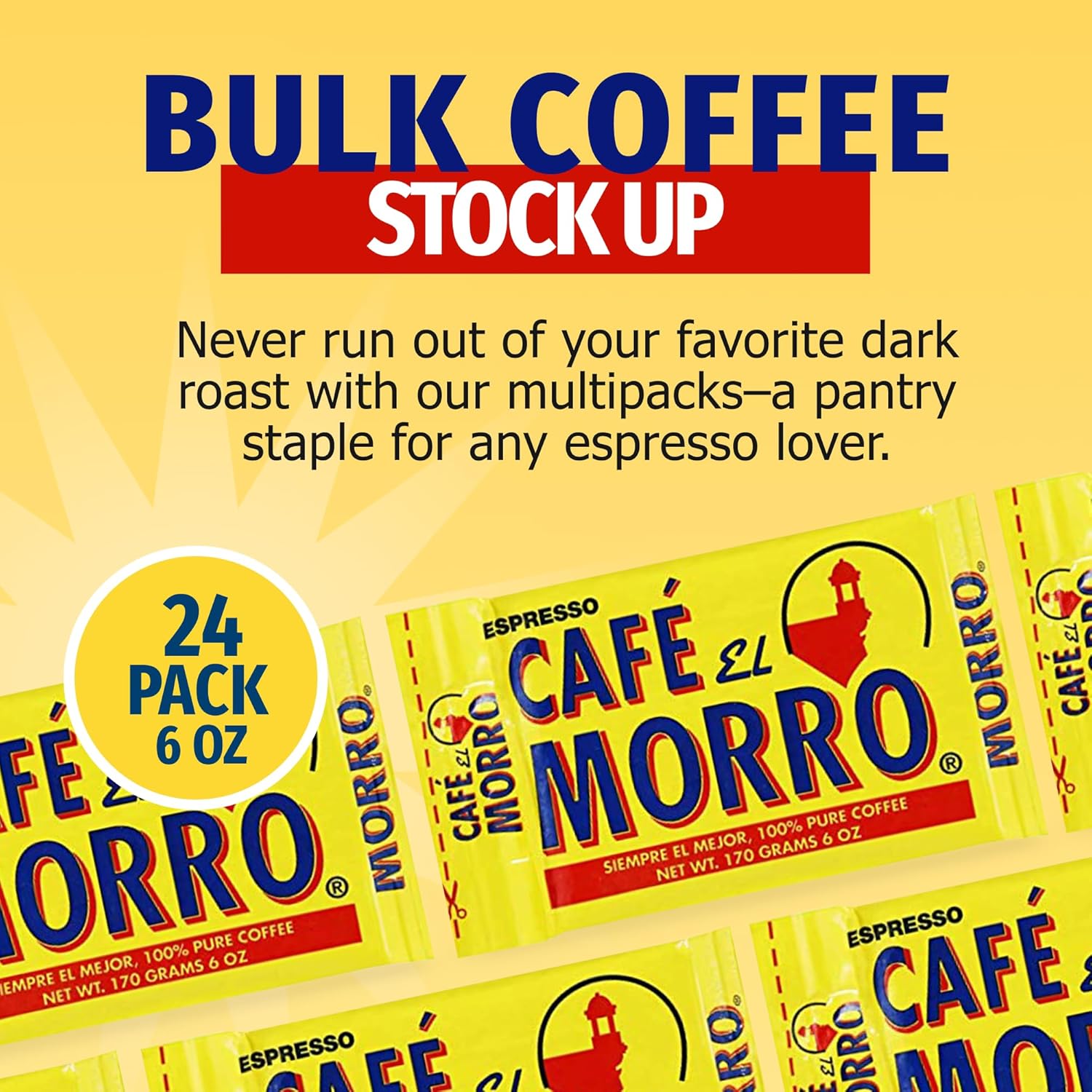 Premium Ground Coffee, Café El Morro, (6 oz), Pack of 24, Gourmet Dark Roast Espresso Coffee, Vacuum Pack, Experience the Rich Taste of Puerto Rican Style Espresso