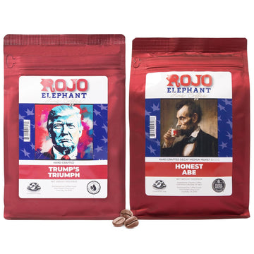 Rojo Elephant Handcrafted Ground Coffee, 100% Arabica Beans, 11 0z Bags Pack of 2, Trump's Triumph, Honest Abe Decaf, Excellence Pack