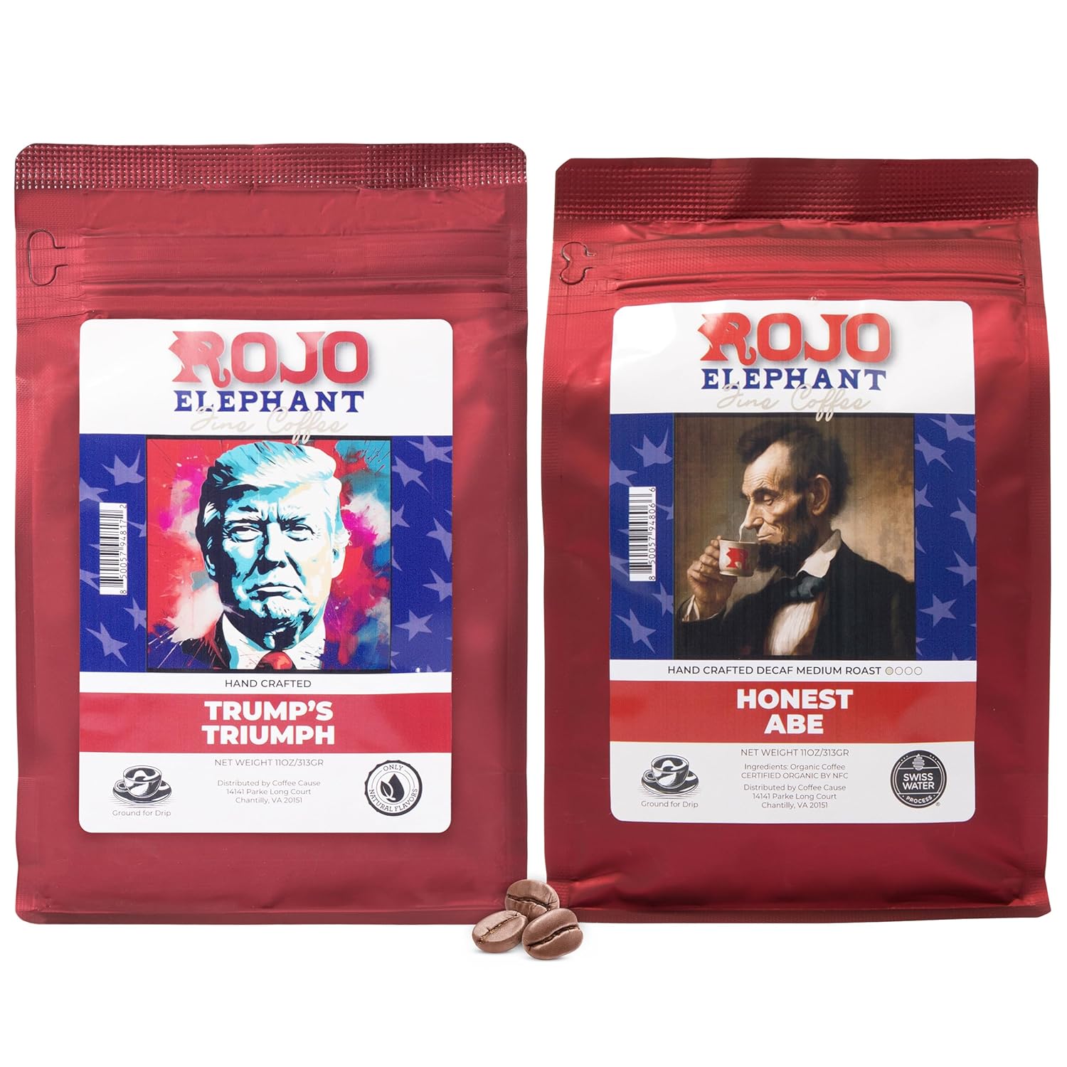 Rojo Elephant Handcrafted Ground Coffee, 100% Arabica Beans, 11 0z Bags Pack of 2, Trump's Triumph, Honest Abe Decaf, Excellence Pack
