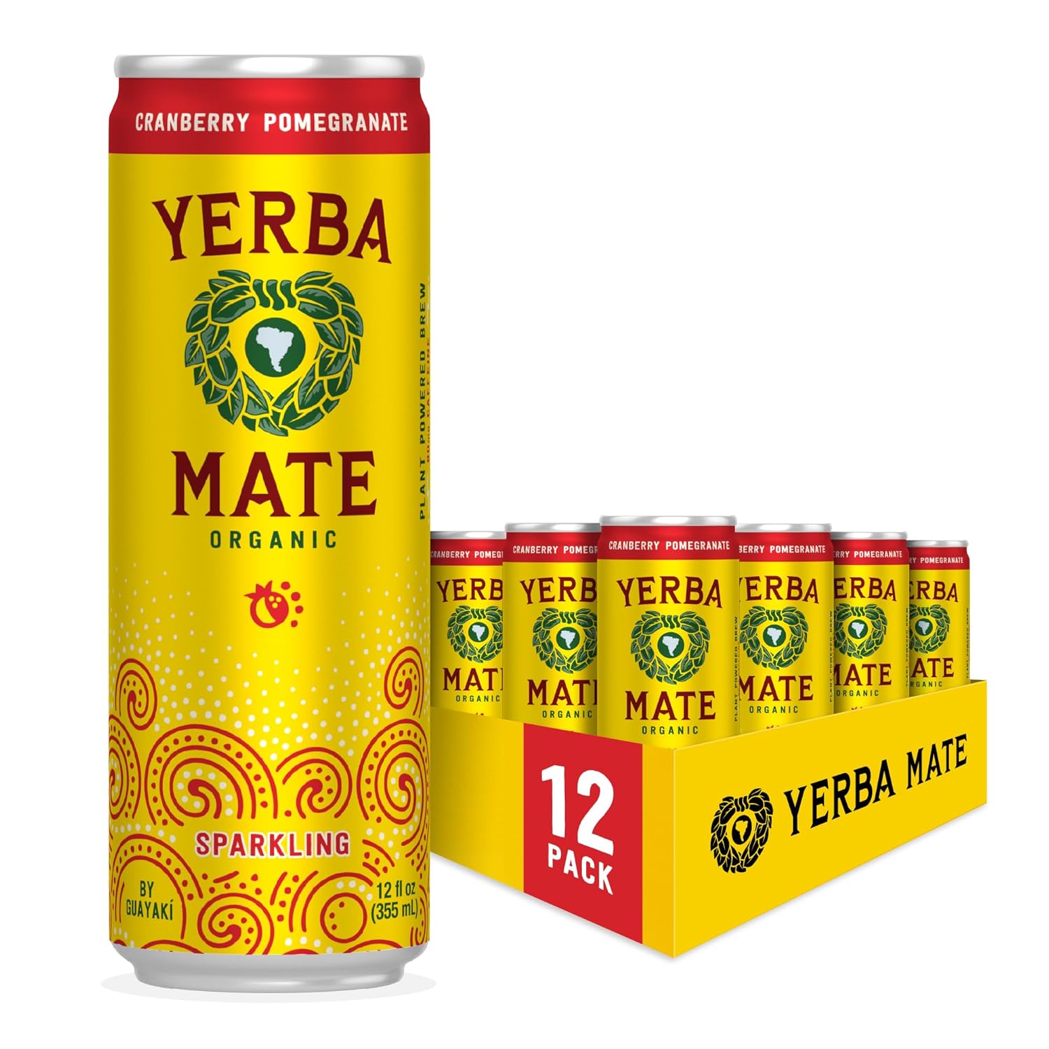 Guayakí Yerba Mate, Organic Sparkling Energy Drink Alternative, Cranberry Pomegranate, 80mg Natural Plant Based Caffeine, Smooth Energy & Focus, Carbonated, 15.5 Oz (Pack of 12) (Packaging May Vary)