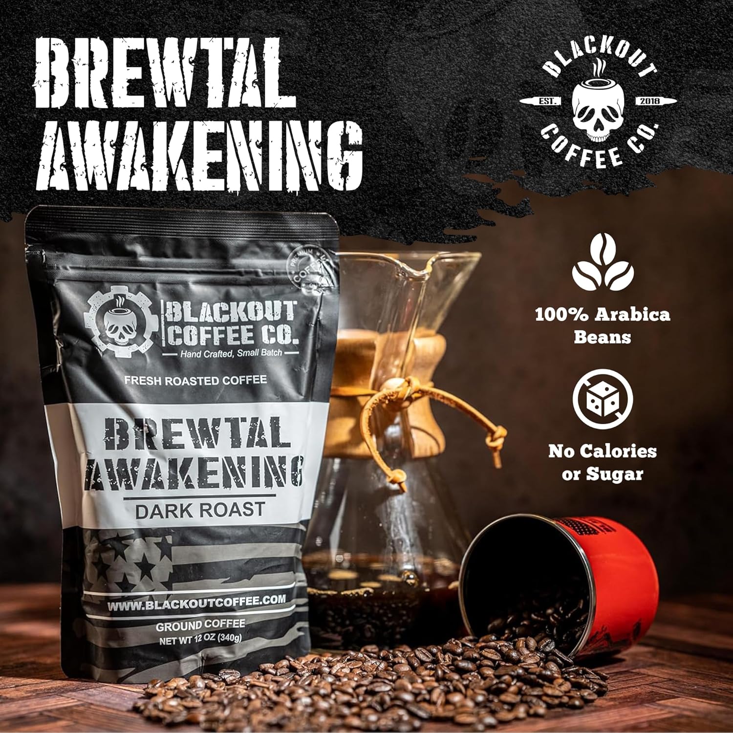 Blackout Coffee, Brewtal Awakening Dark Roast Coffee, High Caffeine, Bold, Rich, Aromatic, Strong & Flavored Coffee Beans, Fresh Roasted In The USA – 12 oz Bag (Ground Coffee)