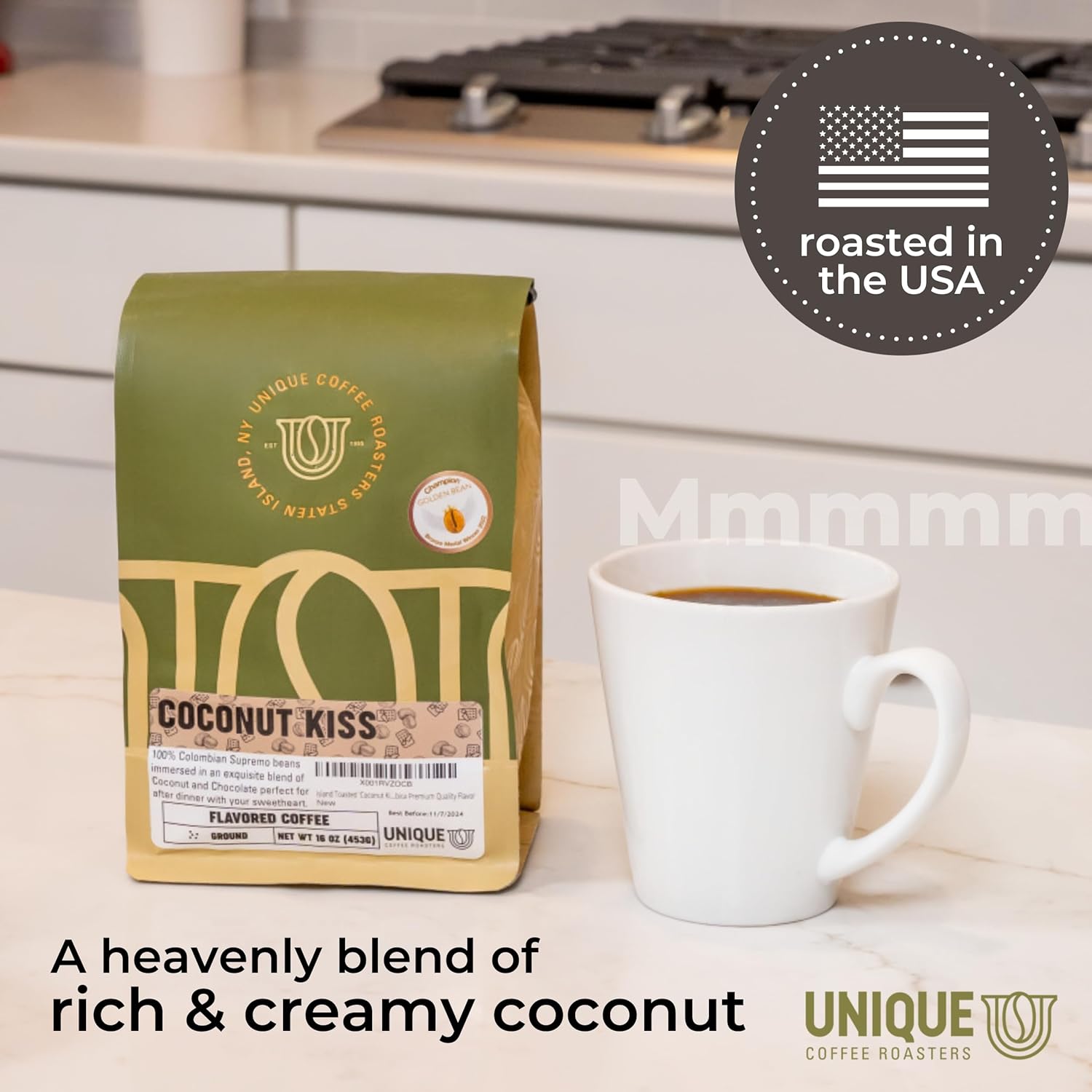 Island Toasted 'Coconut Kiss' Flavored Ground Coffee, 1 LB (16 oz) bag, Medium Roast, 100% Arabica Premium Quality Flavor