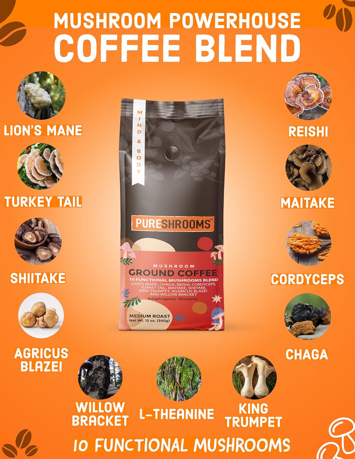 Mushroom Ground Coffee w/ 10 Organic Mushroom Extracts - King Trumpet, Agaricus Blazei, Willow Bracket, Lion's Mane, Chaga, Reishi, Cordyceps, Turkey Tail, Maitake, Shiitake 340g (Perfect 10)