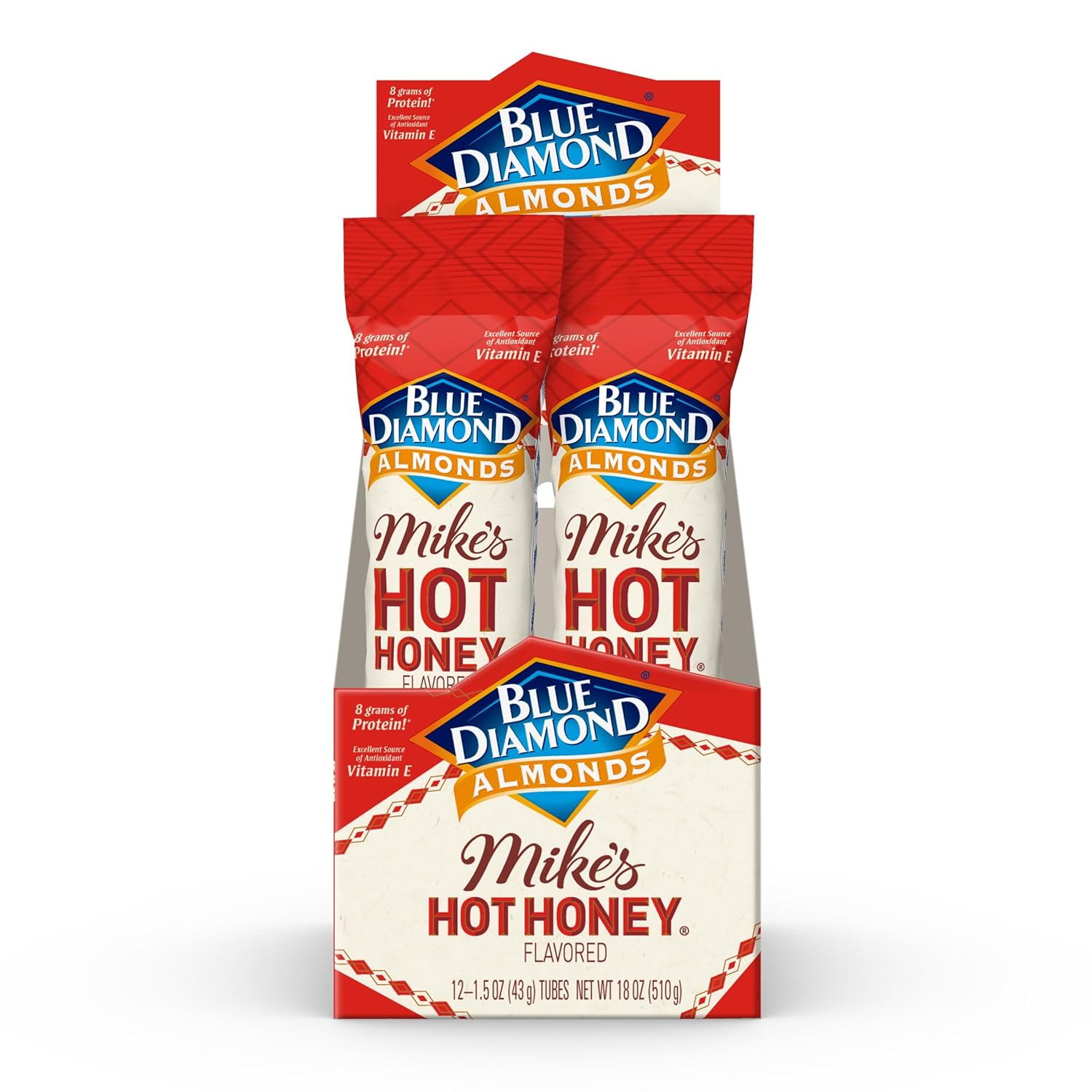 Blue Diamond Almonds, Made with Mike’s Hot Honey Infused with Chilies for a Perfect Sweet and Spicy Snack Nut Combination, Pack of 12, 1.5oz. Servings