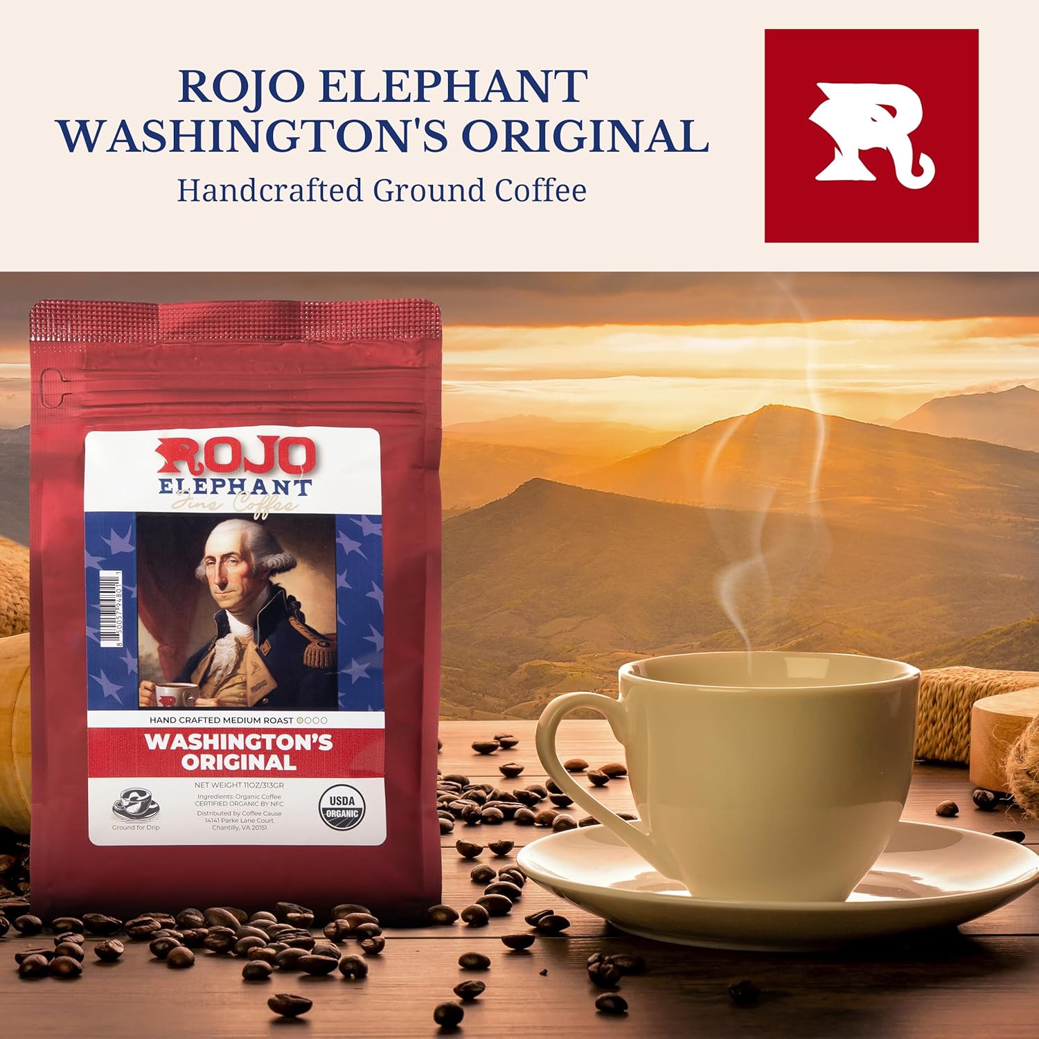 Rojo Elephant Washington Original Handcrafted Ground Coffee, Made From 100% Arabica Beans, Premium Medium Roast, Smooth, Rich Flavor, USDA Organic, 11 0z Pack