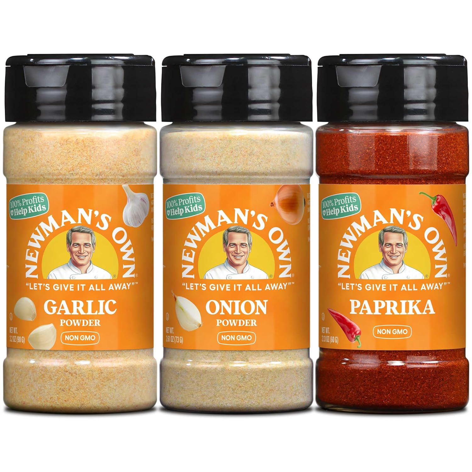 Newman's Own 3 Spice Combo; Garlic Powder, Onion Powder, Paprika, Non-GMO, Kosher certified