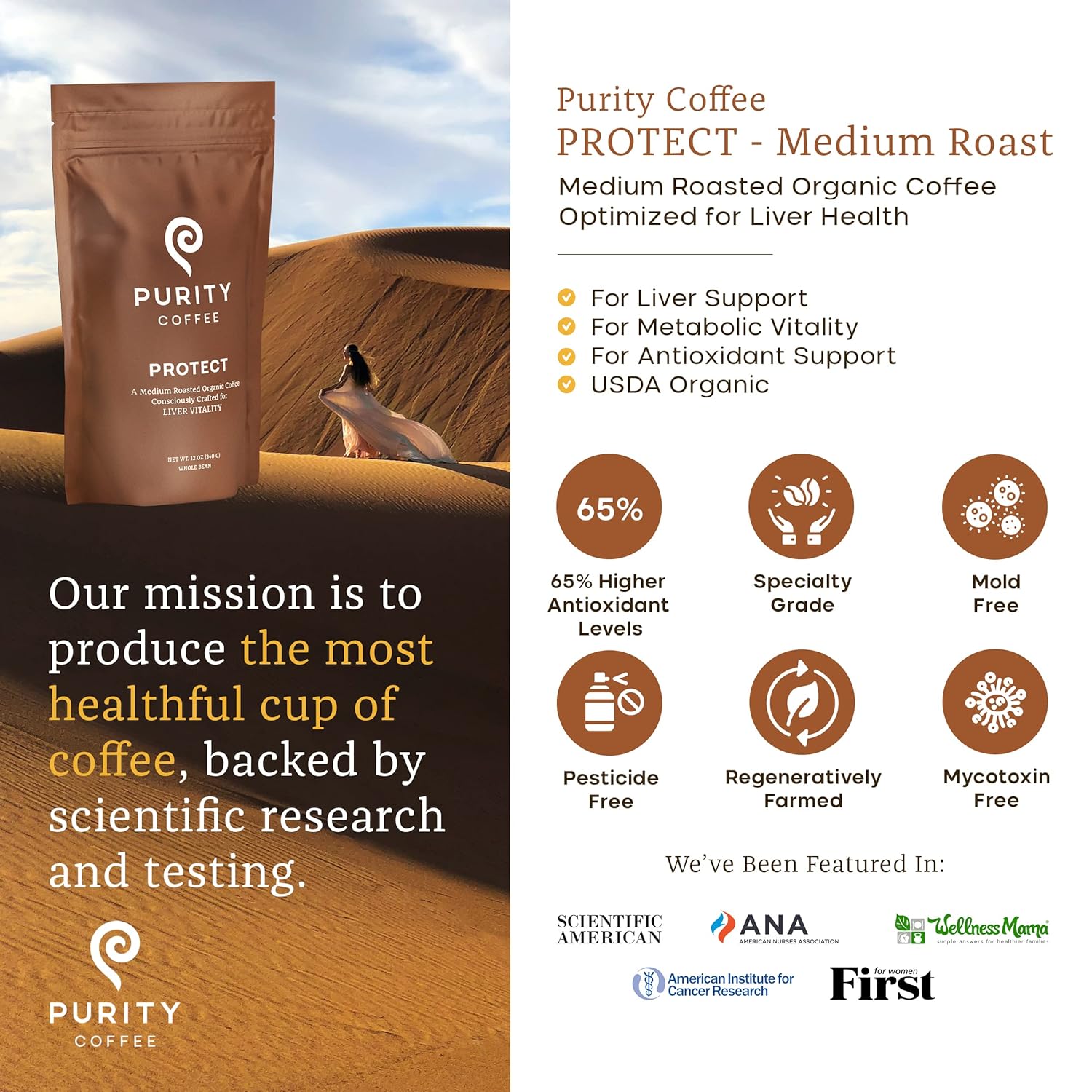 Purity Coffee PROTECT Highest Antioxidant Light-Medium Roast - USDA Certified Organic Specialty Grade Arabica Whole Bean Coffee - Third Party Tested for Mold, Mycotoxins, Pesticides - 12 oz Bag