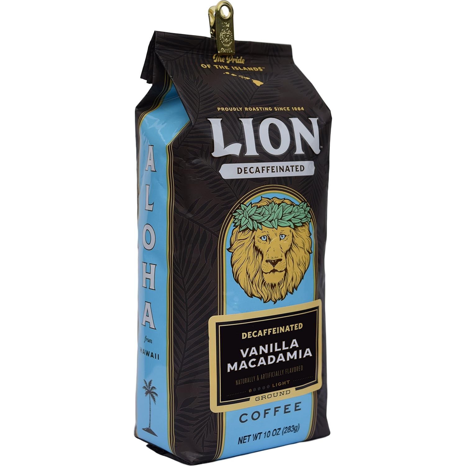 Lion Coffee, Swiss Water DECAF, Vanilla Macadamia Flavor, Light Roast, Ground, 10 Ounce Bag